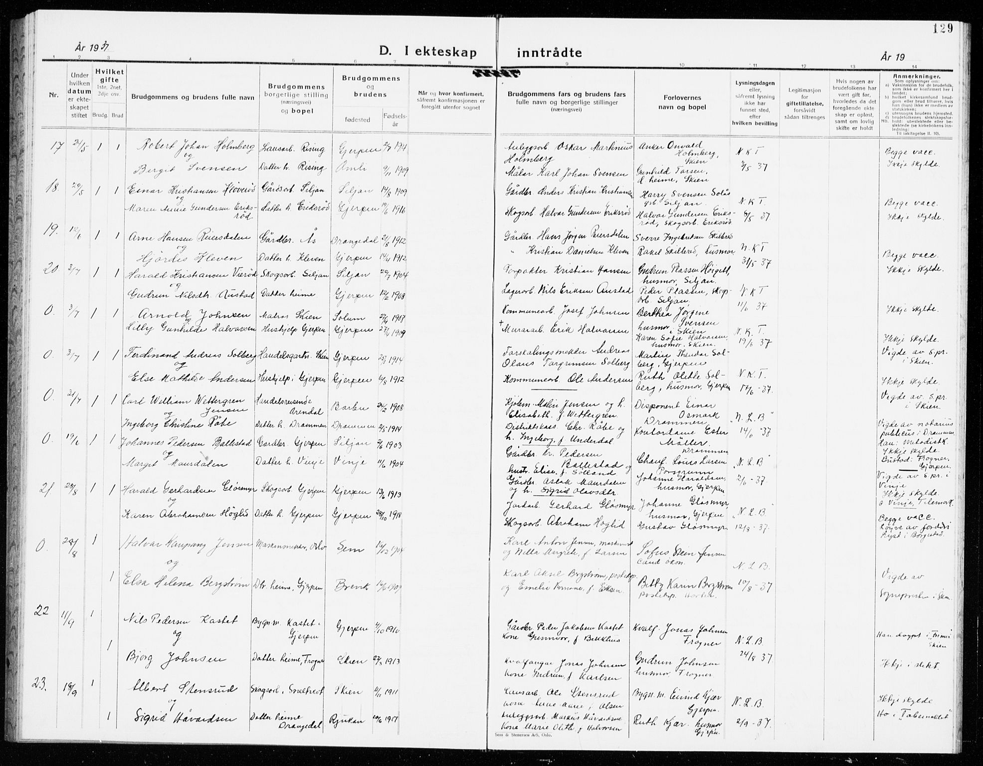 Gjerpen kirkebøker, AV/SAKO-A-265/G/Ga/L0005: Parish register (copy) no. I 5, 1932-1940, p. 129