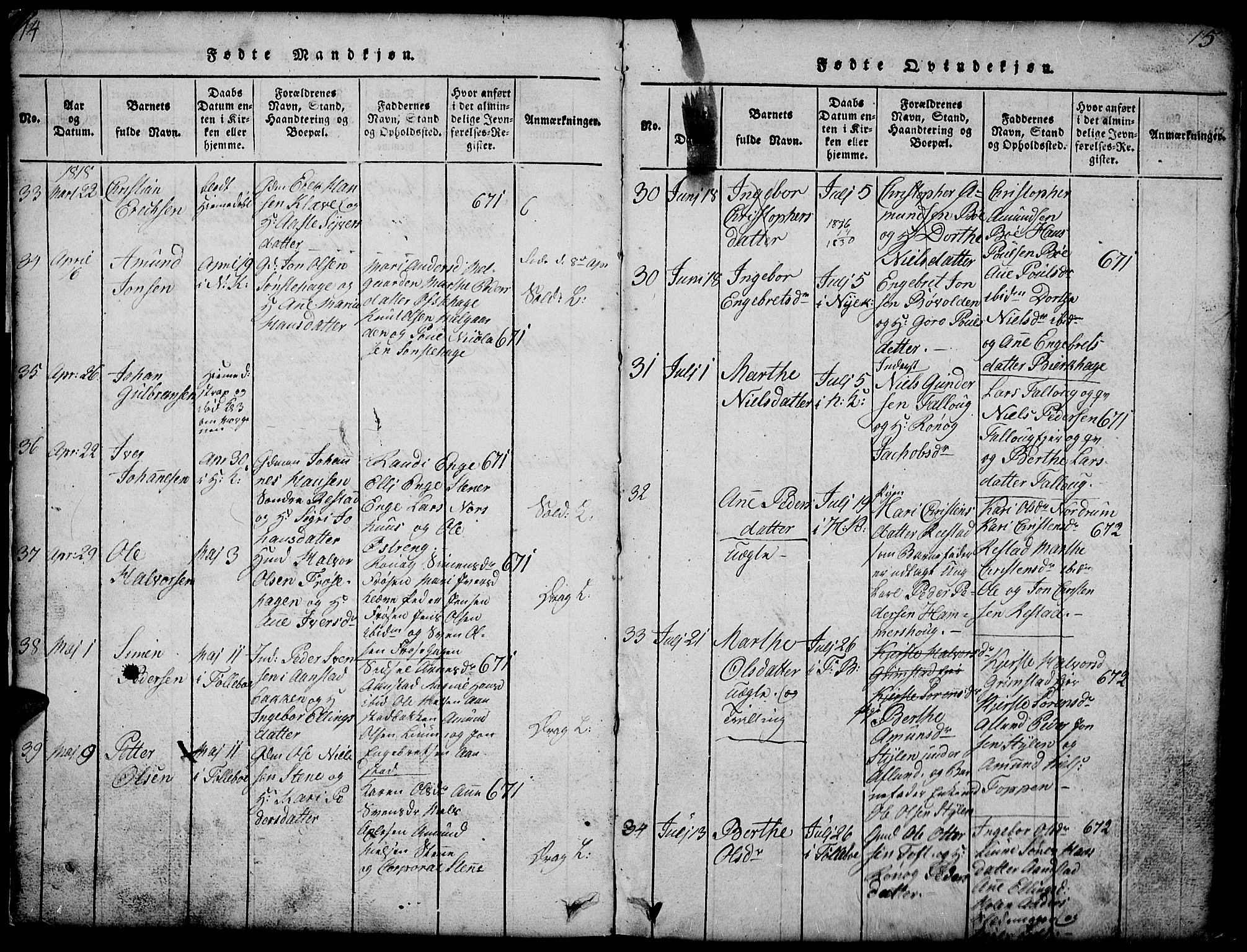 Gausdal prestekontor, AV/SAH-PREST-090/H/Ha/Hab/L0001: Parish register (copy) no. 1, 1817-1848, p. 14-15