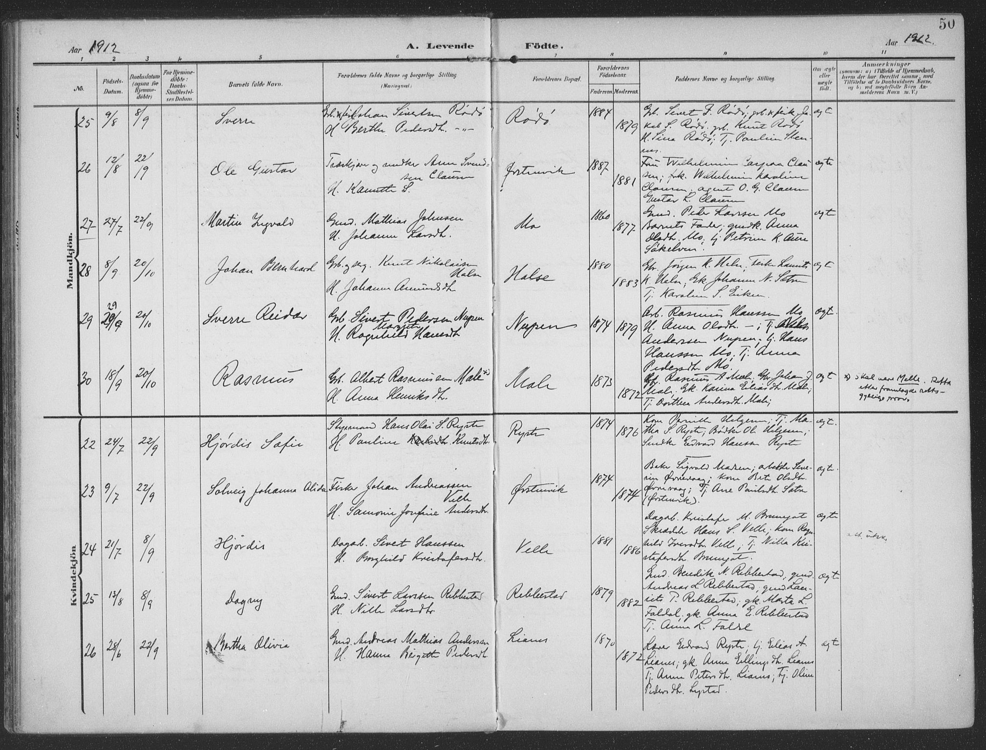 Ministerialprotokoller, klokkerbøker og fødselsregistre - Møre og Romsdal, AV/SAT-A-1454/513/L0178: Parish register (official) no. 513A05, 1906-1919, p. 50