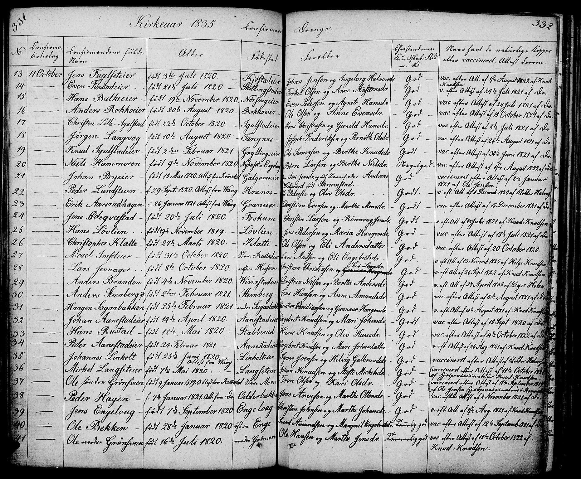 Løten prestekontor, AV/SAH-PREST-022/L/La/L0002: Parish register (copy) no. 2, 1832-1850, p. 331-332