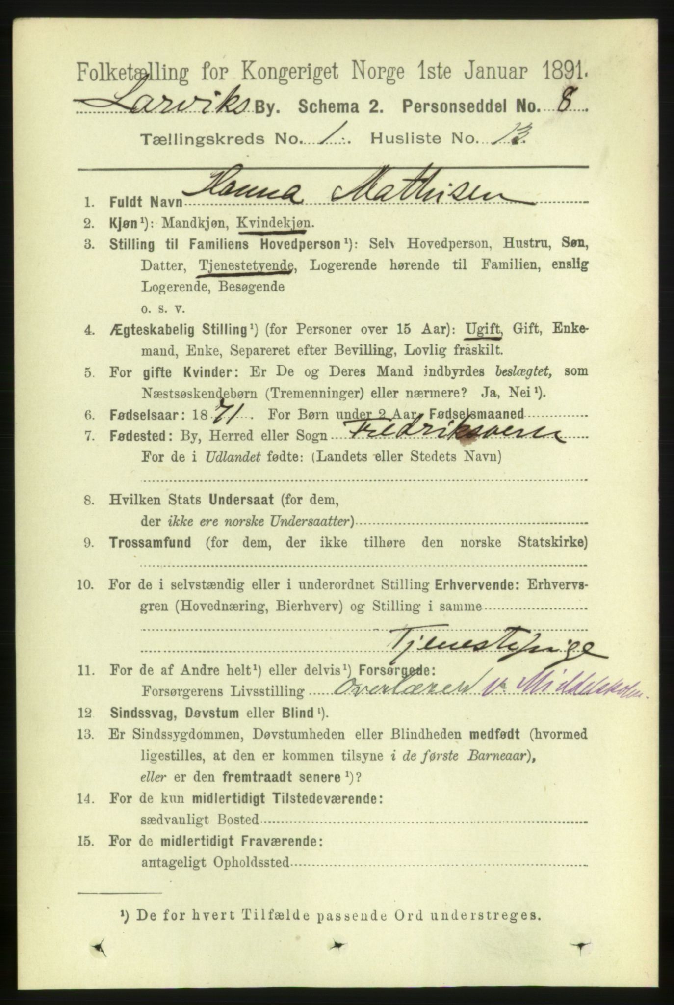 RA, 1891 census for 0707 Larvik, 1891, p. 2459