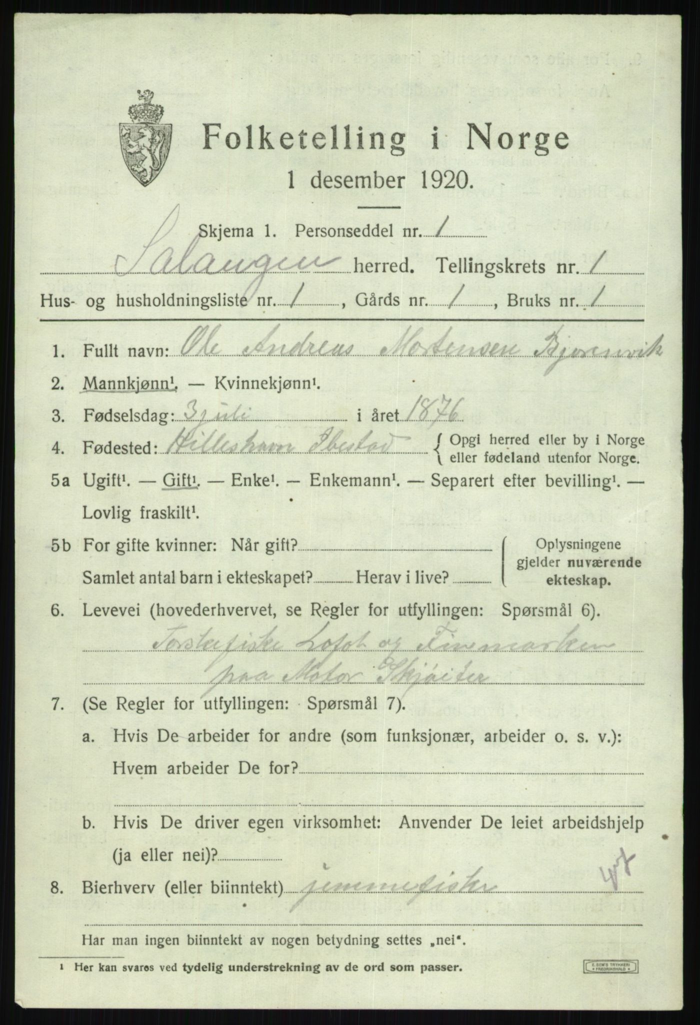 SATØ, 1920 census for Salangen, 1920, p. 938