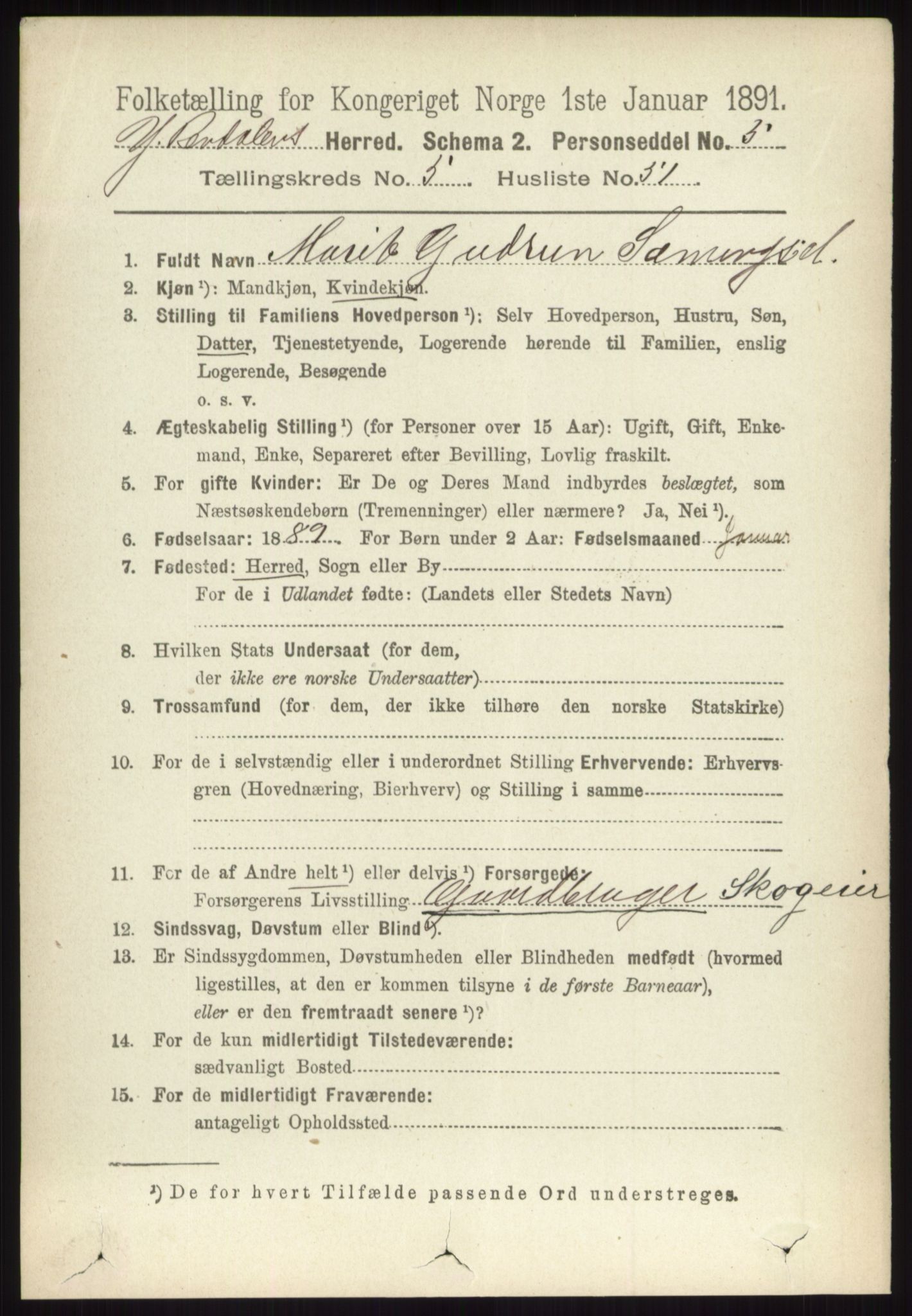 RA, 1891 census for 0432 Ytre Rendal, 1891, p. 1617