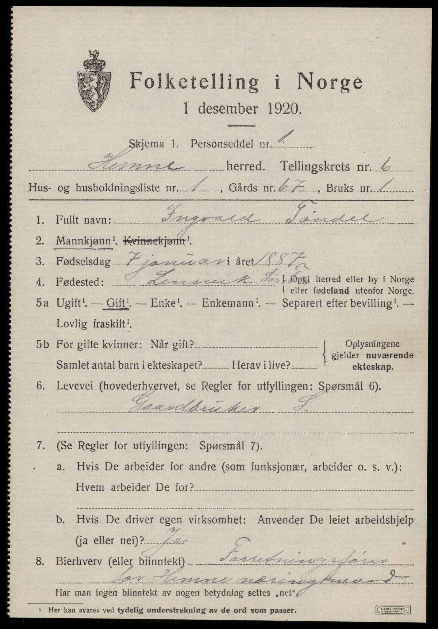 SAT, 1920 census for Hemne, 1920, p. 3520