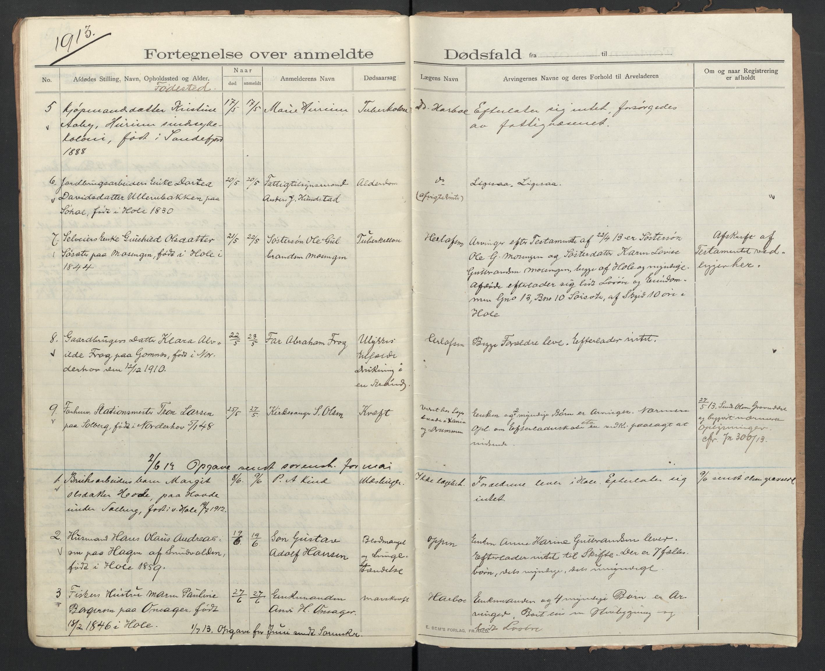 Hole lensmannskontor, AV/SAKO-A-513/H/Ha/L0001/0009: Dødsanmeldelser / Dødsanmeldelser, 1909-1913