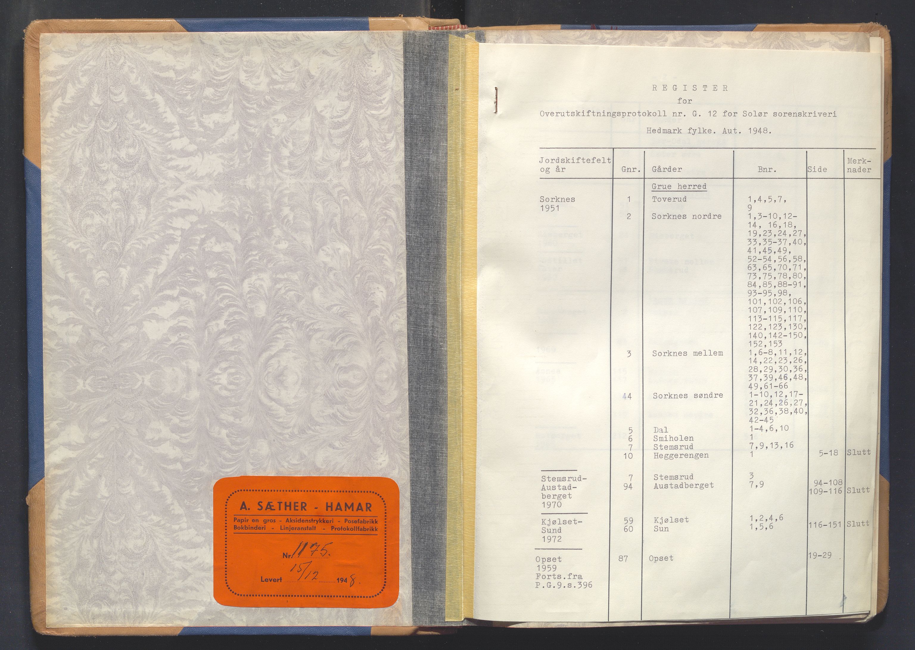 Glåmdal jordskifterett, AV/SAH-JORDSKIFTEH-003/G/Ga/L0007: Rettsbok - nr. G12, 1950-1972