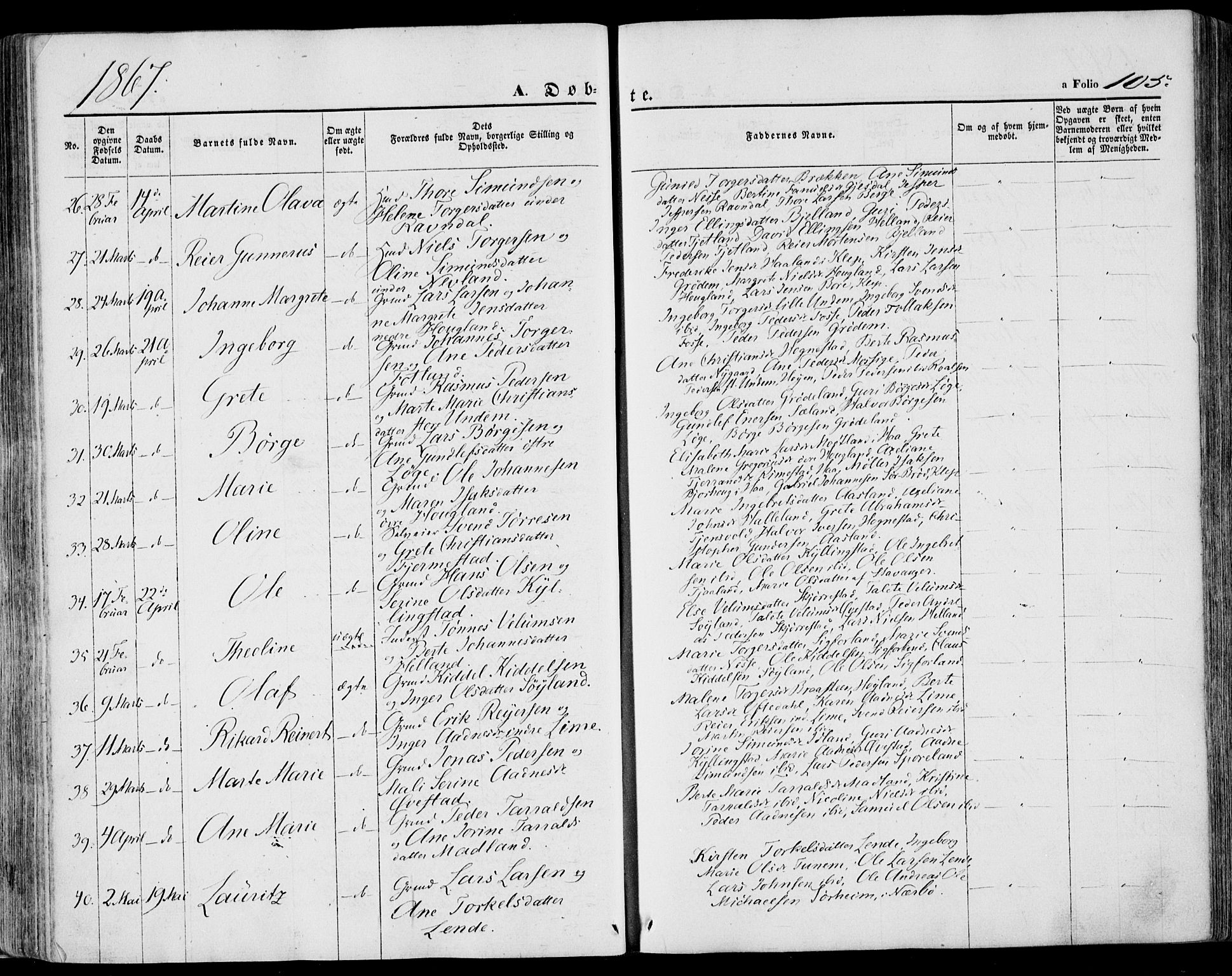 Lye sokneprestkontor, SAST/A-101794/001/30BA/L0007: Parish register (official) no. A 6, 1856-1871, p. 105