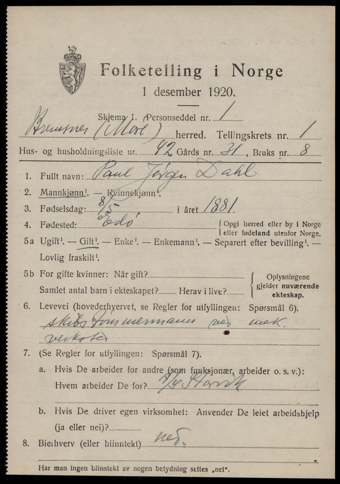SAT, 1920 census for Bremsnes, 1920, p. 2013