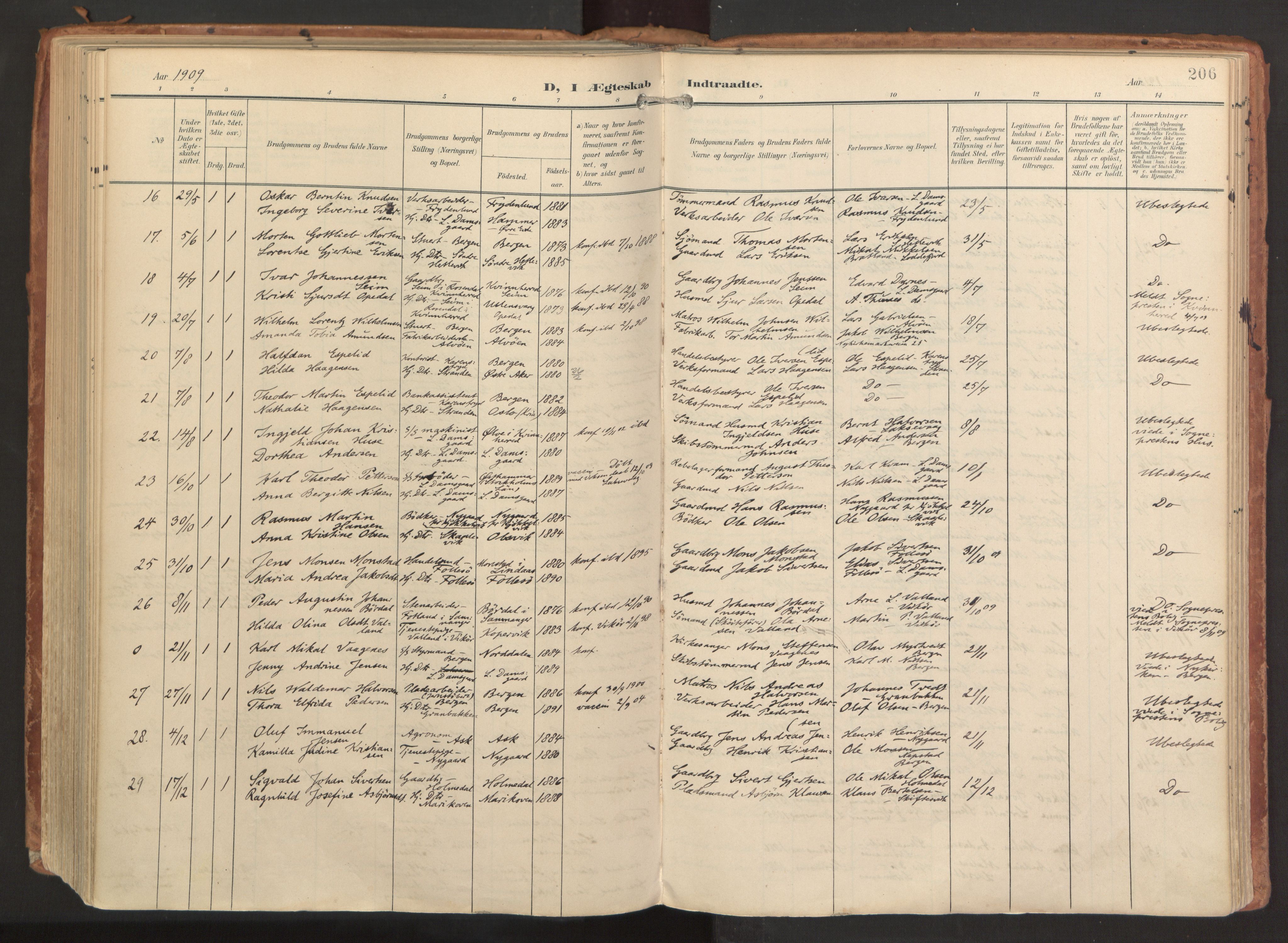 Laksevåg Sokneprestembete, SAB/A-76501/H/Ha/Haa/Haaa/L0001: Parish register (official) no. A 1, 1903-1917, p. 206