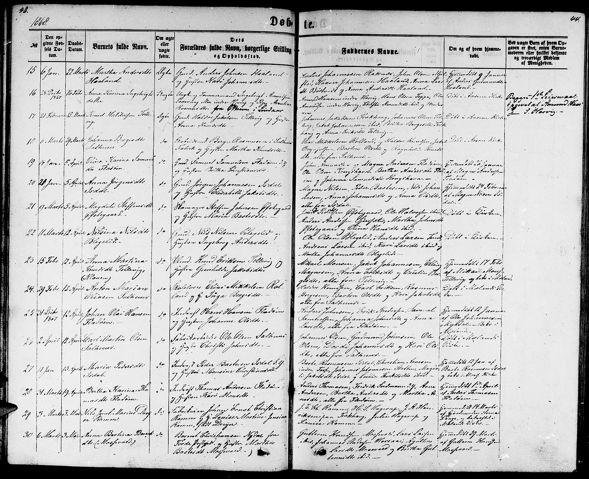 Hamre sokneprestembete, SAB/A-75501/H/Ha/Hab: Parish register (copy) no. B 2, 1863-1880, p. 43-44