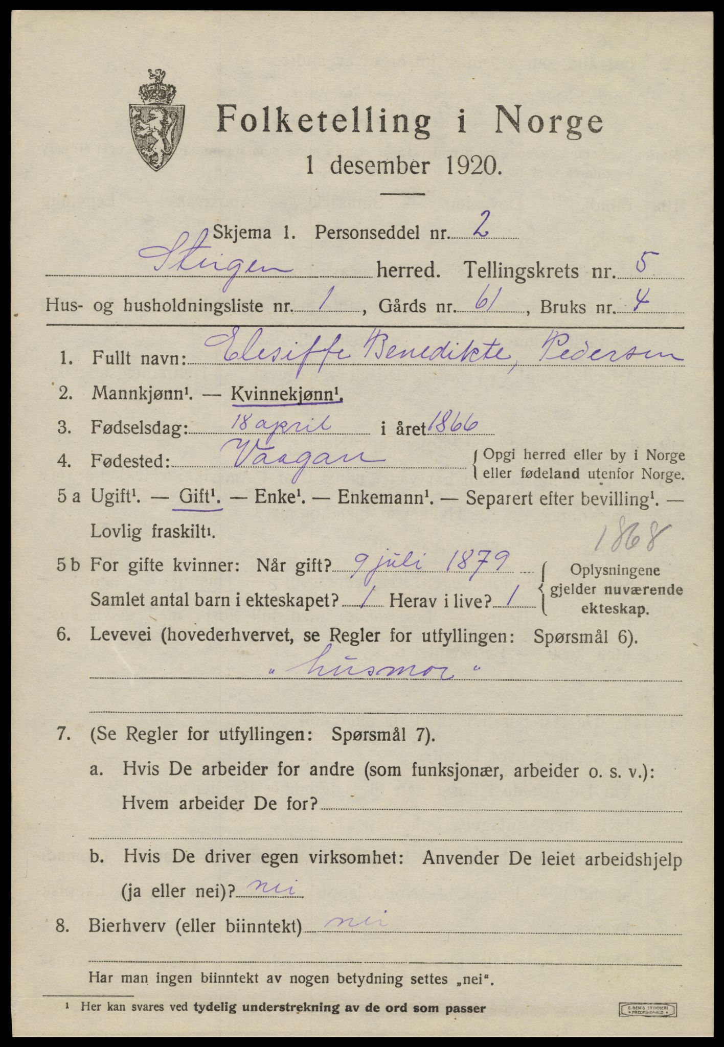 SAT, 1920 census for Steigen, 1920, p. 1954