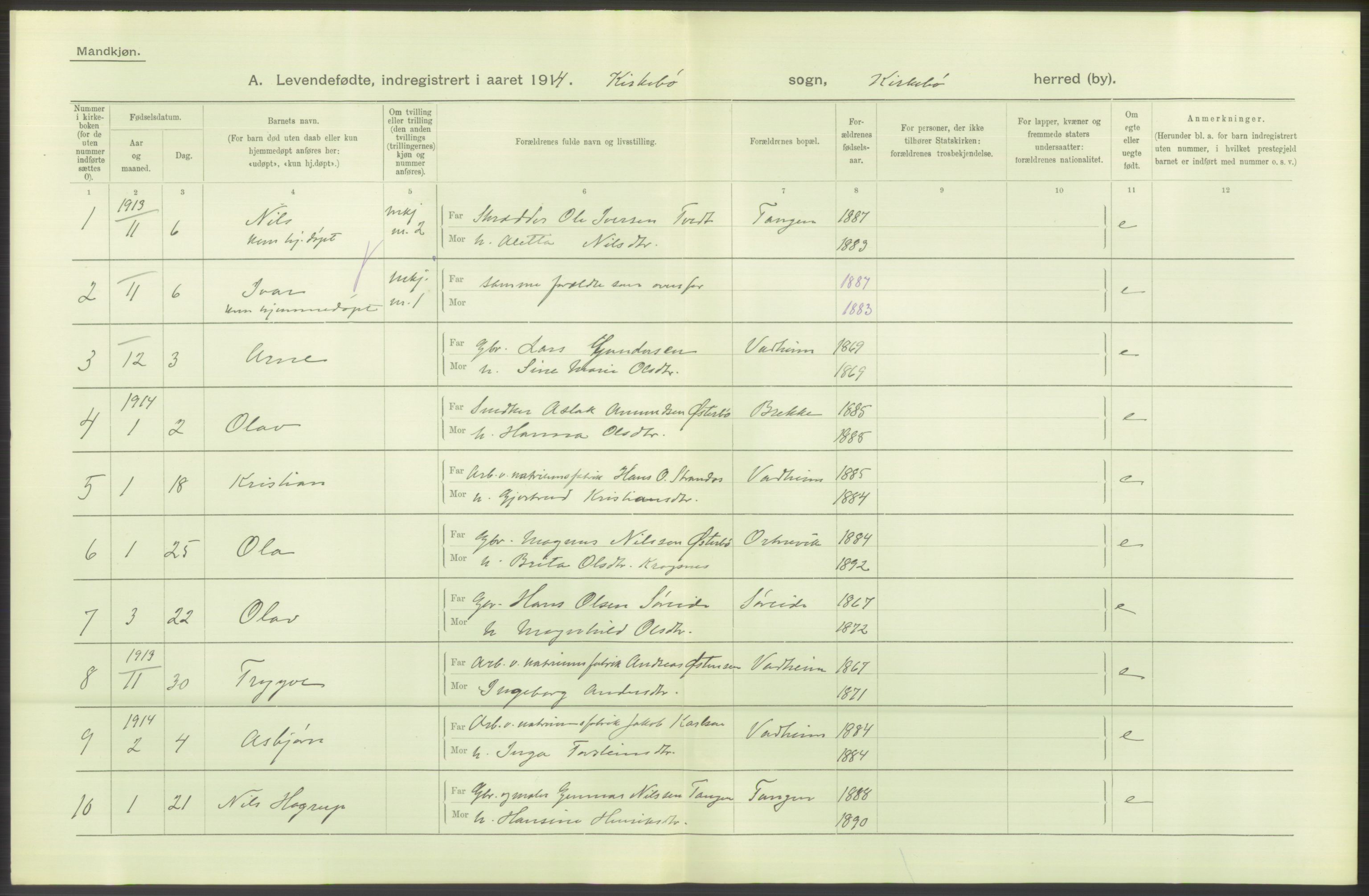 Statistisk sentralbyrå, Sosiodemografiske emner, Befolkning, AV/RA-S-2228/D/Df/Dfb/Dfbd/L0032: N. Bergenhus amt: Levendefødte menn og kvinner. Bygder., 1914, p. 12
