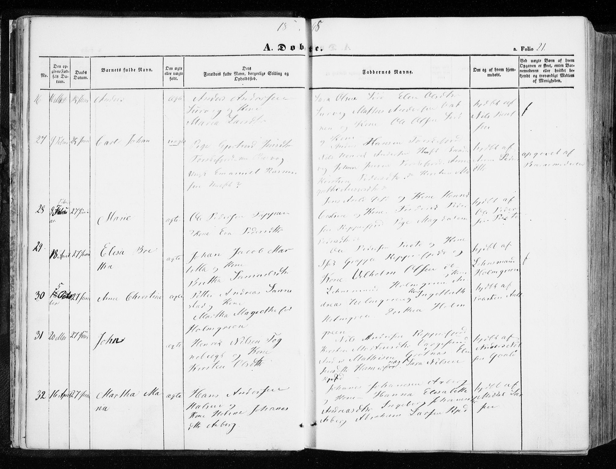 Hammerfest sokneprestkontor, AV/SATØ-S-1347/H/Ha/L0004.kirke: Parish register (official) no. 4, 1843-1856, p. 21