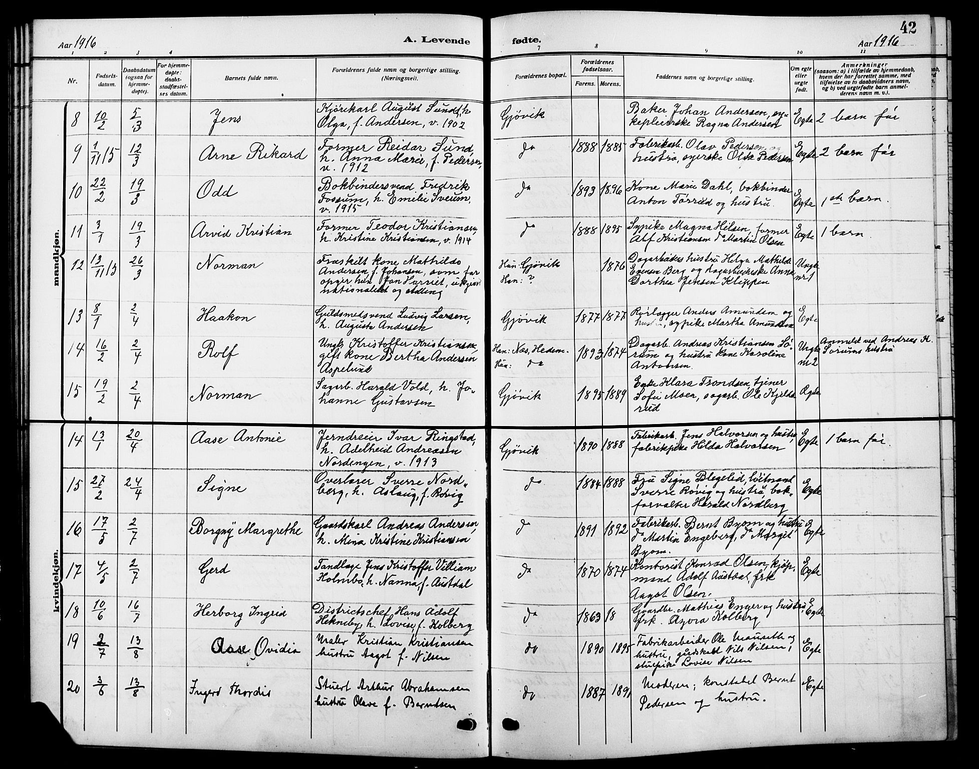 Vardal prestekontor, AV/SAH-PREST-100/H/Ha/Hab/L0014: Parish register (copy) no. 14, 1911-1922, p. 42