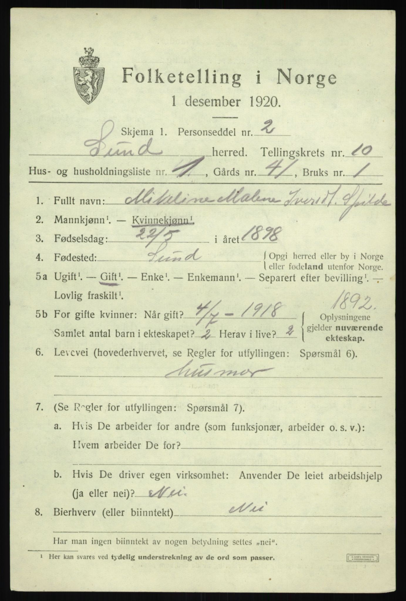 SAB, 1920 census for Sund, 1920, p. 6045