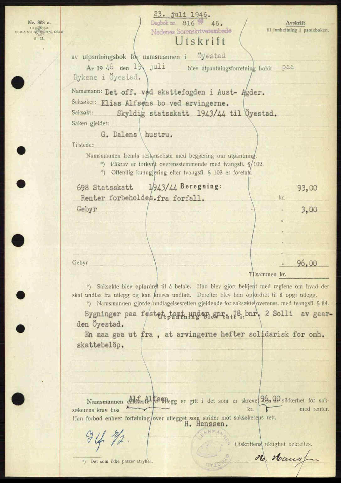 Nedenes sorenskriveri, SAK/1221-0006/G/Gb/Gba/L0055: Mortgage book no. A7, 1946-1946, Diary no: : 816/1946