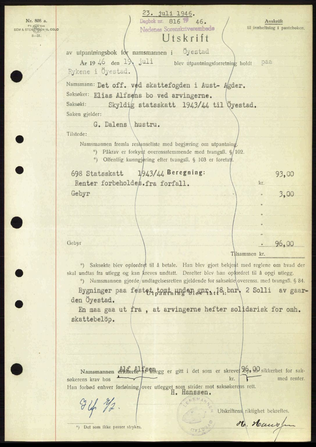 Nedenes sorenskriveri, AV/SAK-1221-0006/G/Gb/Gba/L0055: Mortgage book no. A7, 1946-1946, Diary no: : 816/1946