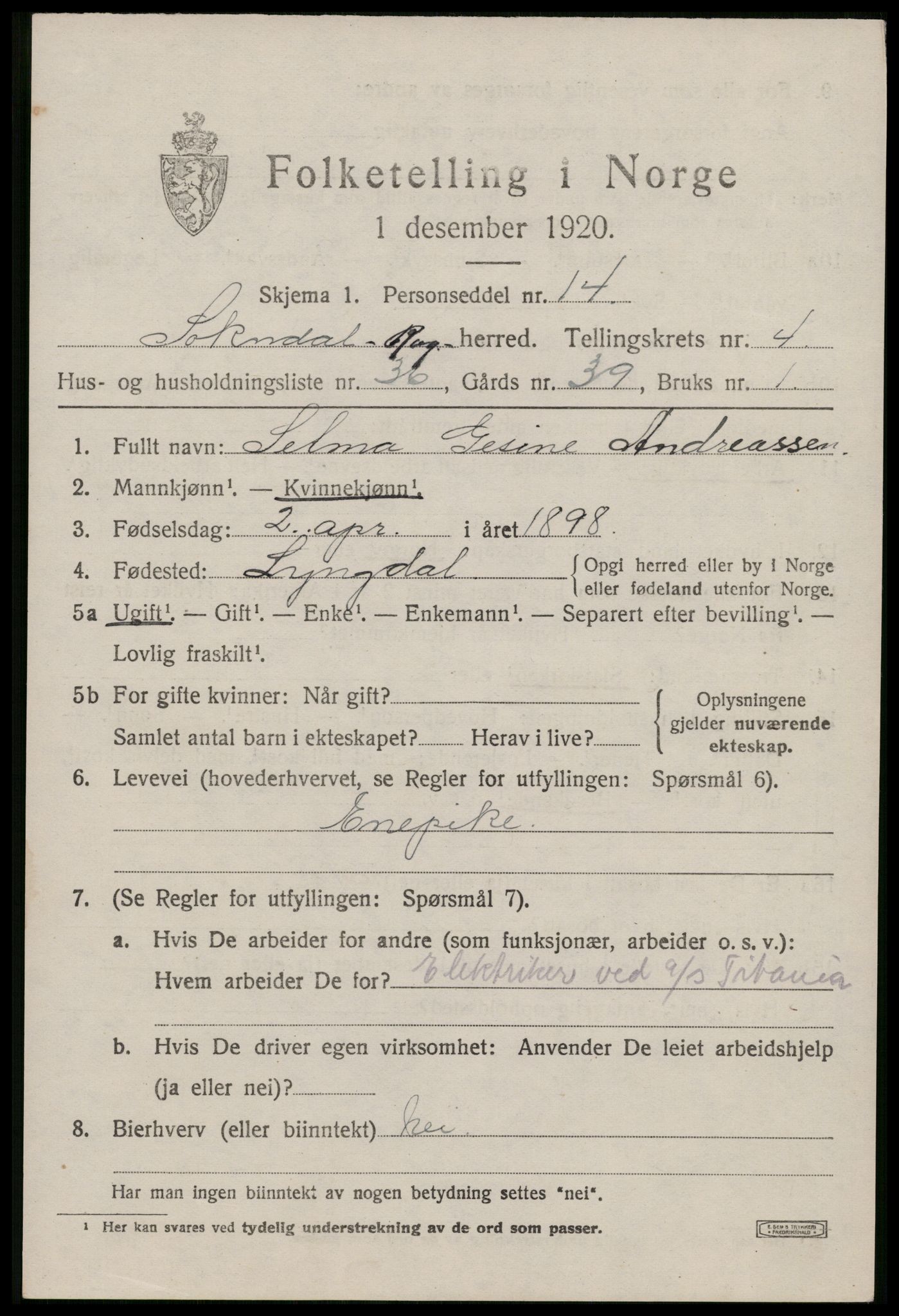 SAST, 1920 census for Sokndal, 1920, p. 3241