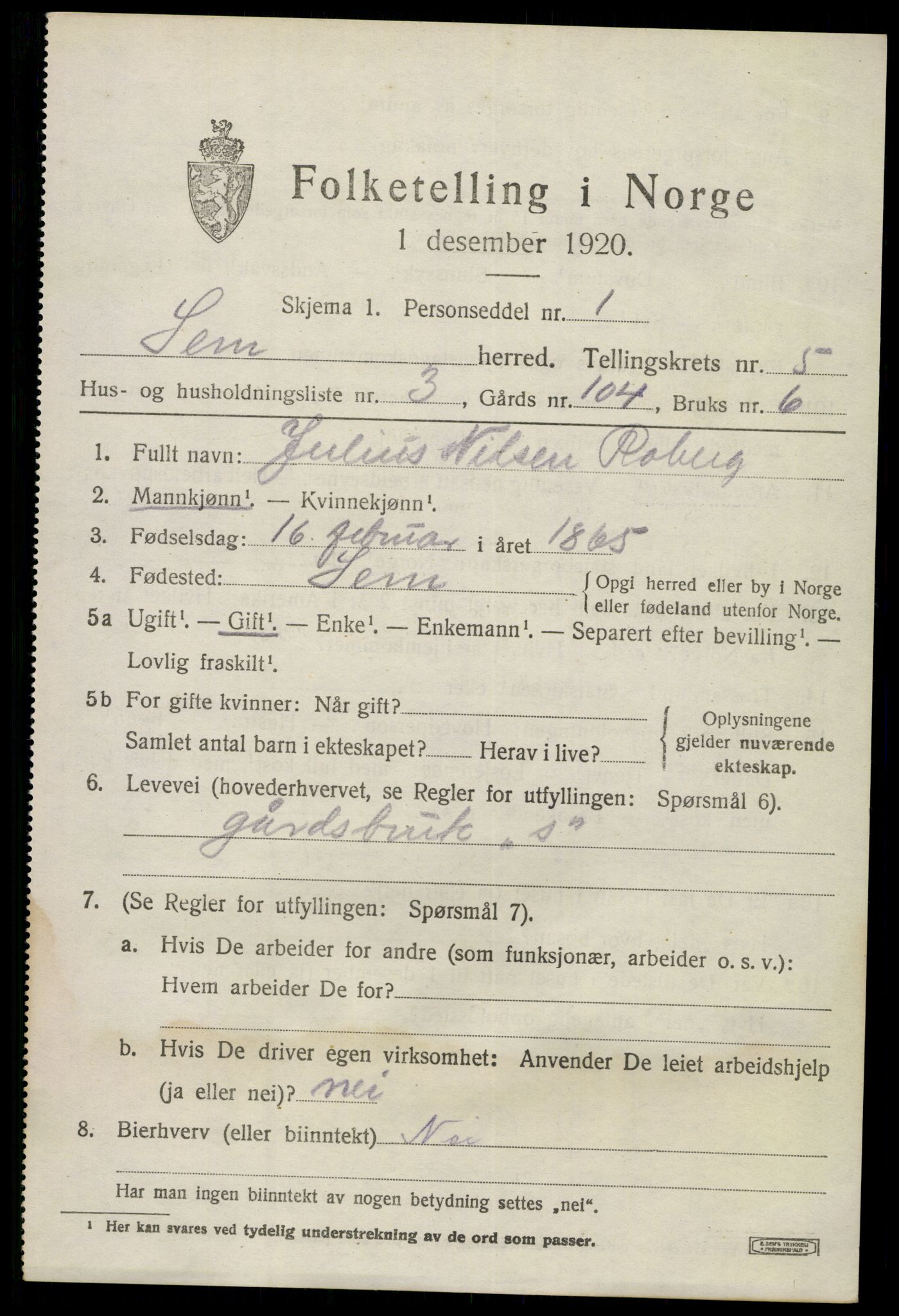 SAKO, 1920 census for Sem, 1920, p. 7861