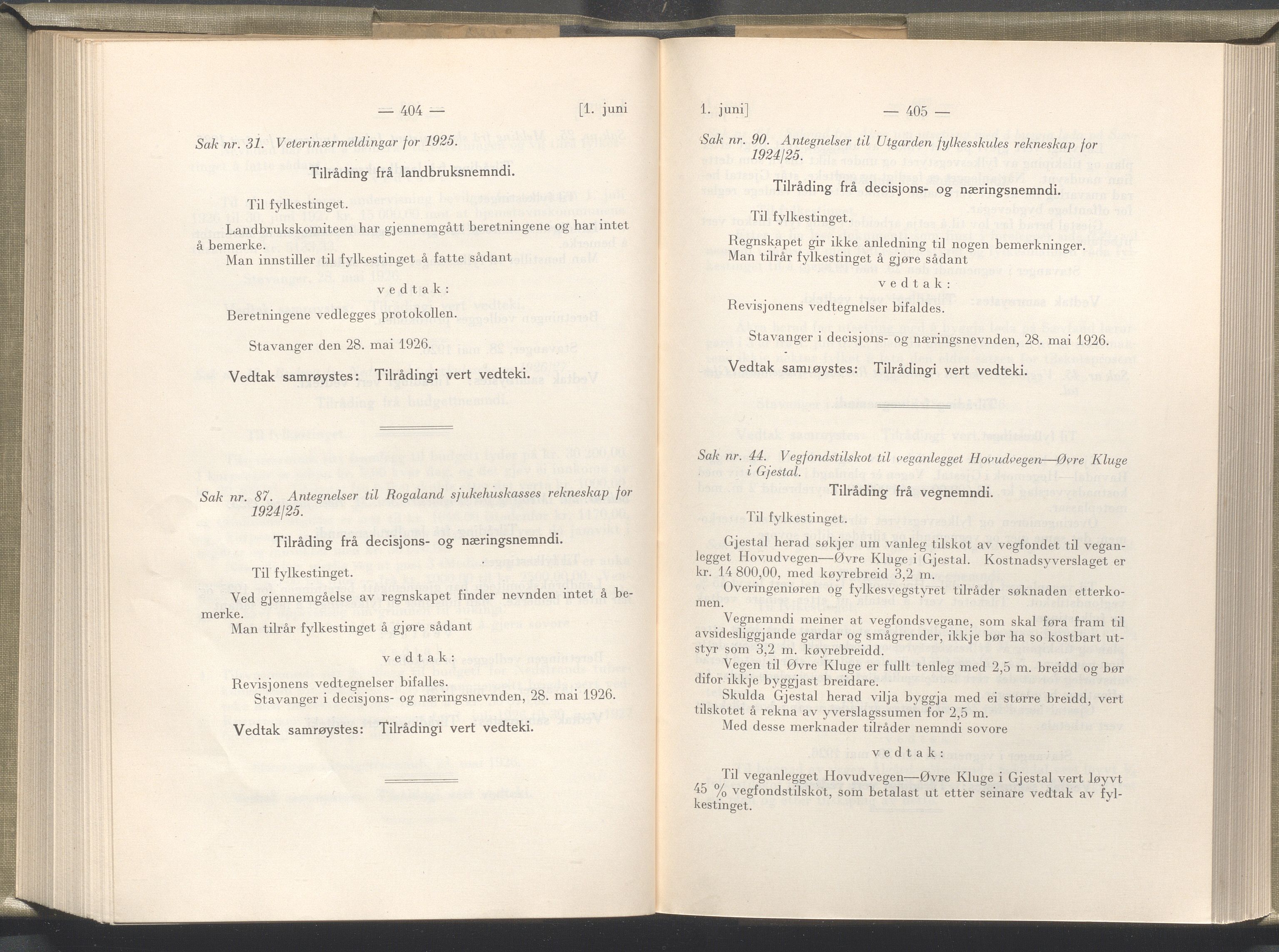 Rogaland fylkeskommune - Fylkesrådmannen , IKAR/A-900/A/Aa/Aaa/L0045: Møtebok , 1926, p. 404-405