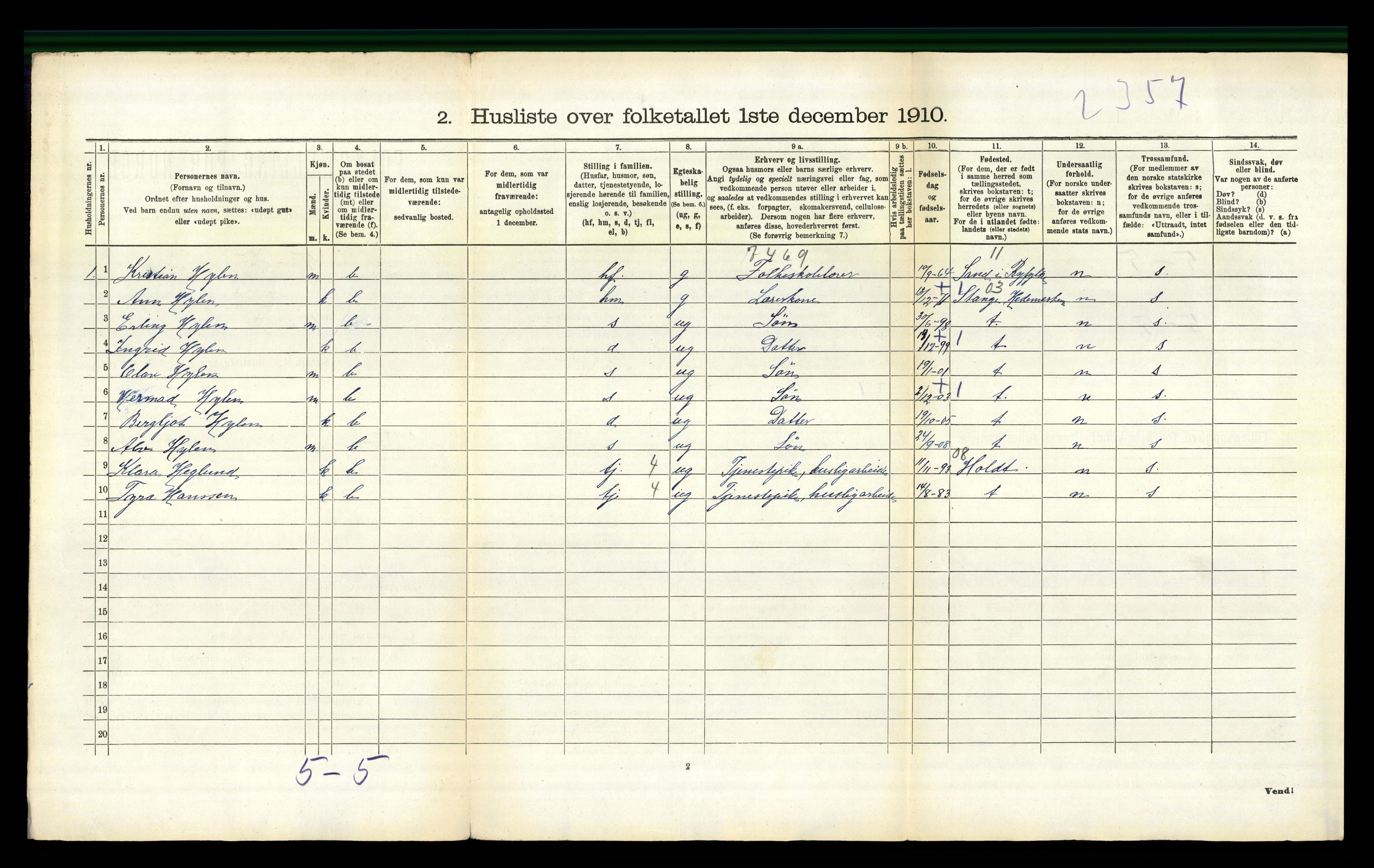 RA, 1910 census for Flosta, 1910, p. 316