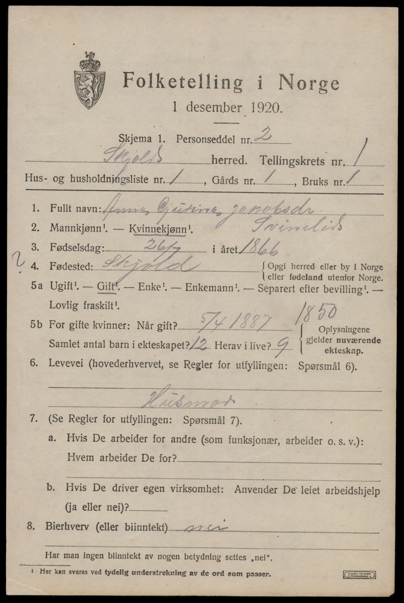 SAST, 1920 census for Skjold, 1920, p. 908