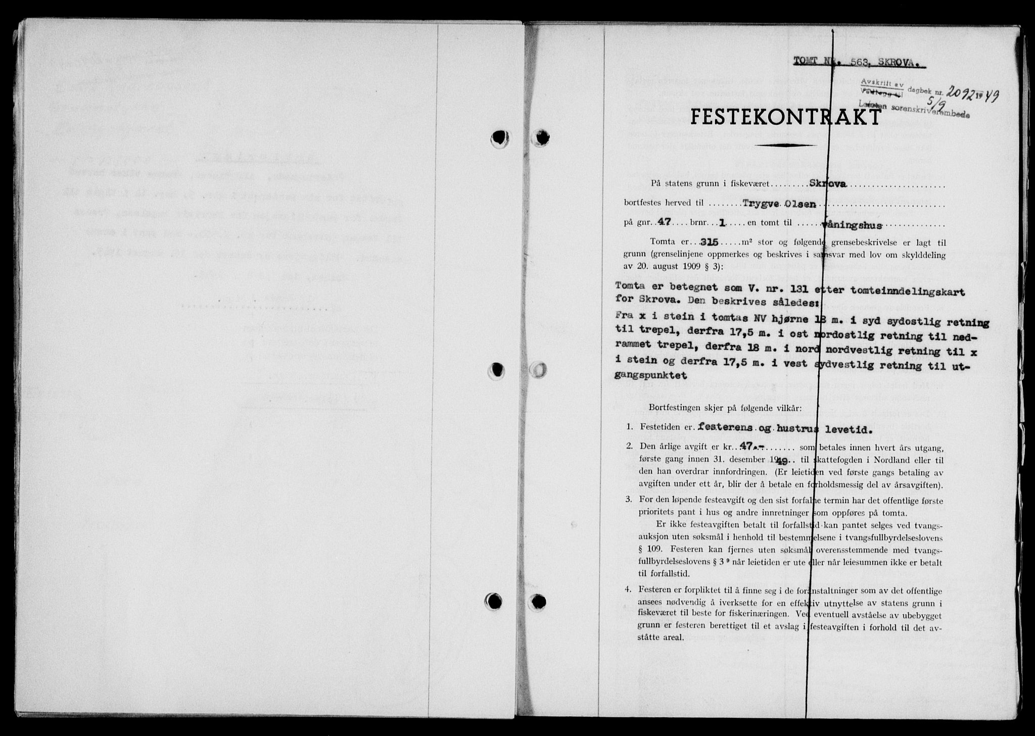 Lofoten sorenskriveri, SAT/A-0017/1/2/2C/L0021a: Mortgage book no. 21a, 1949-1949, Diary no: : 2092/1949