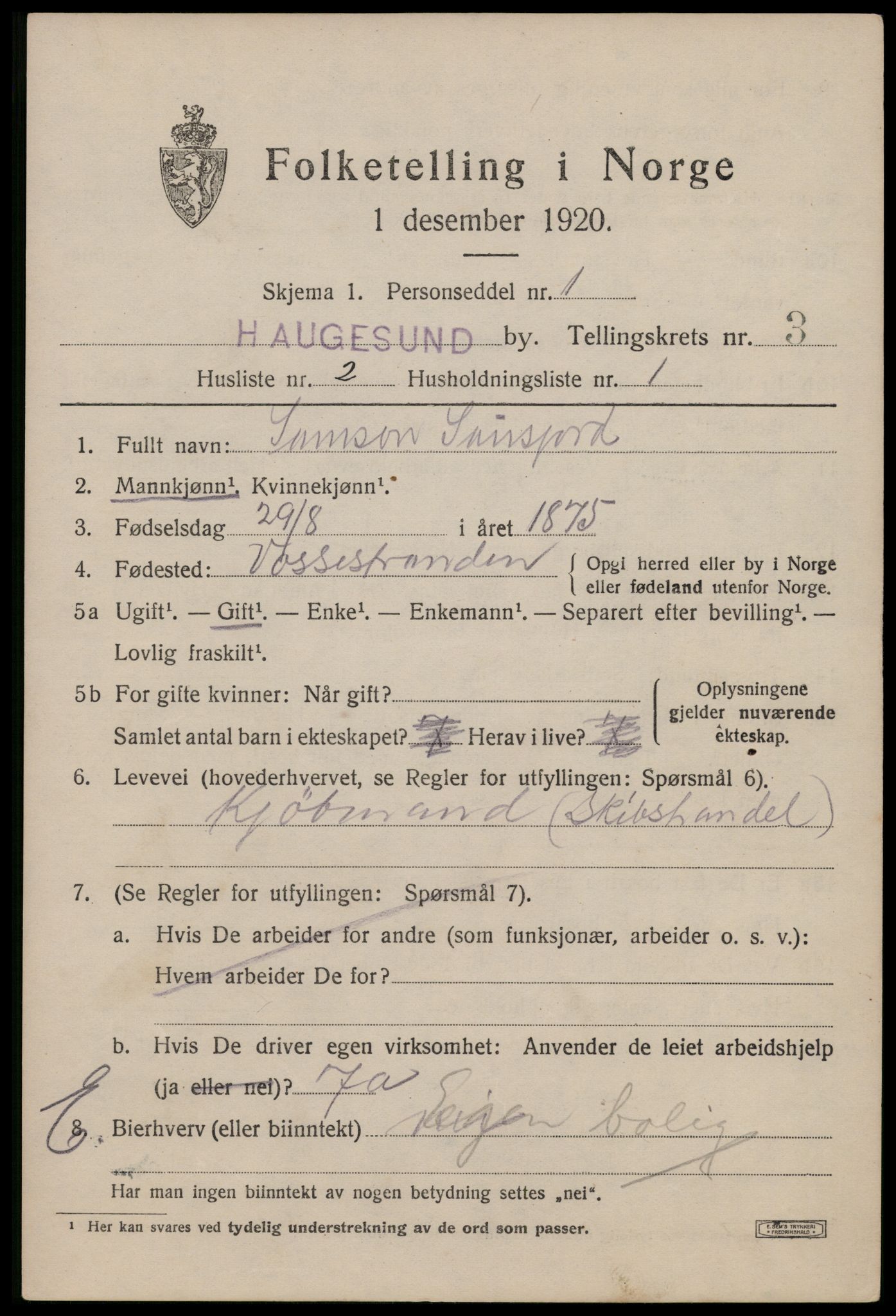 SAST, 1920 census for Haugesund, 1920, p. 14365