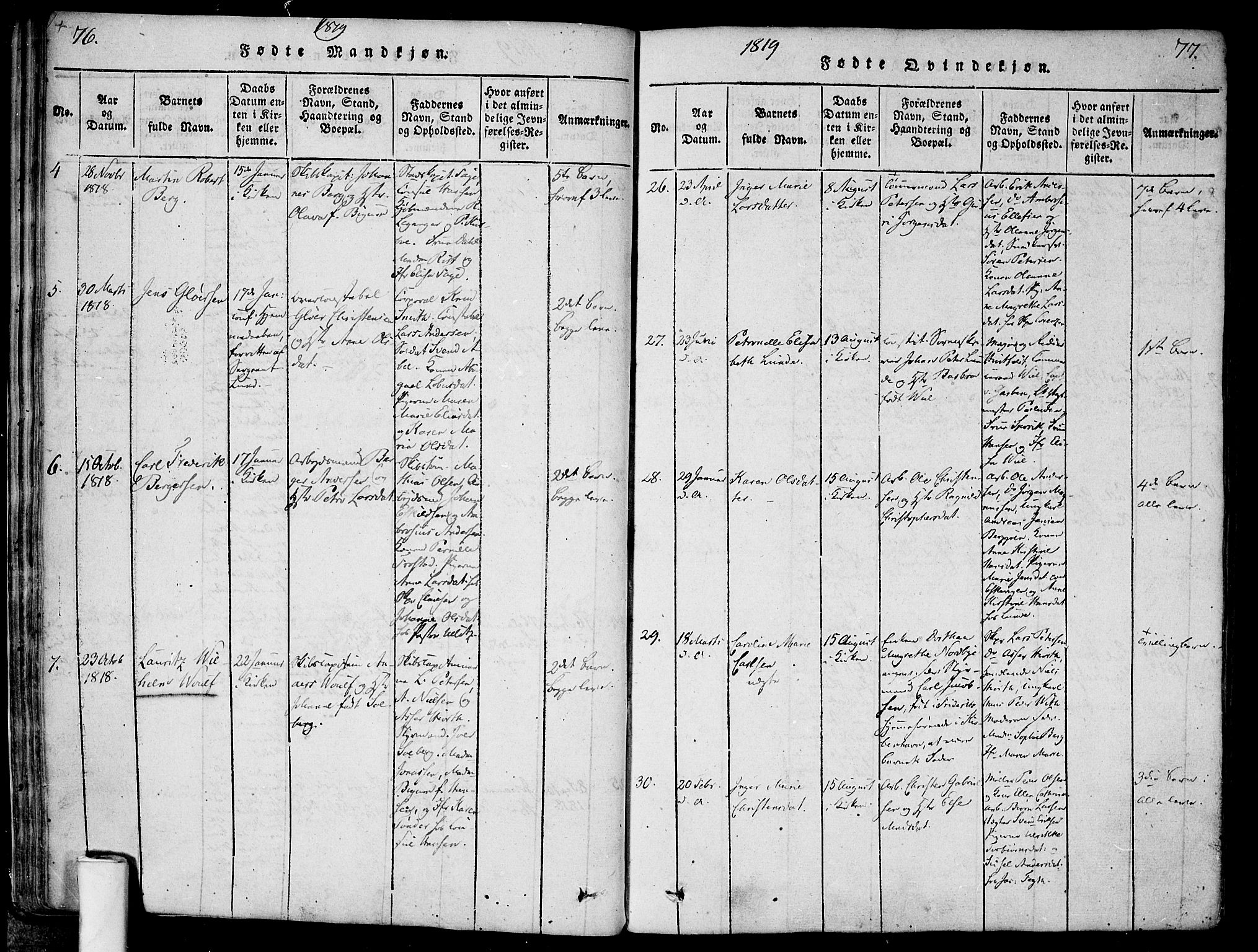 Halden prestekontor Kirkebøker, SAO/A-10909/F/Fa/L0003: Parish register (official) no. I 3, 1815-1834, p. 76-77