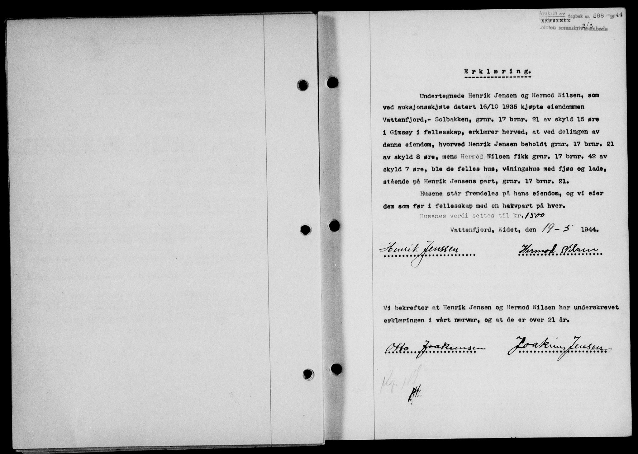 Lofoten sorenskriveri, SAT/A-0017/1/2/2C/L0012a: Mortgage book no. 12a, 1943-1944, Diary no: : 588/1944