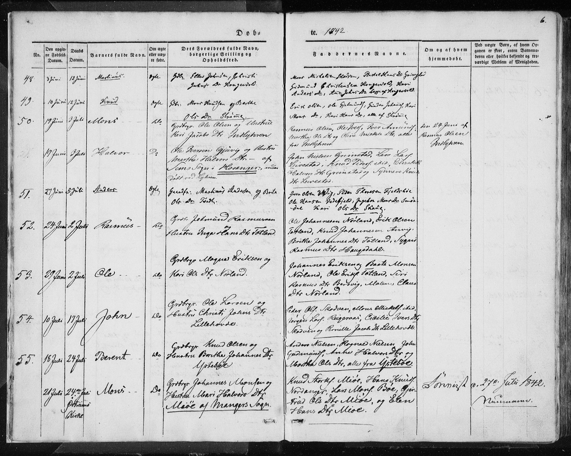 Lindås Sokneprestembete, AV/SAB-A-76701/H/Haa/Haaa/L0010: Parish register (official) no. A 10, 1842-1862, p. 6