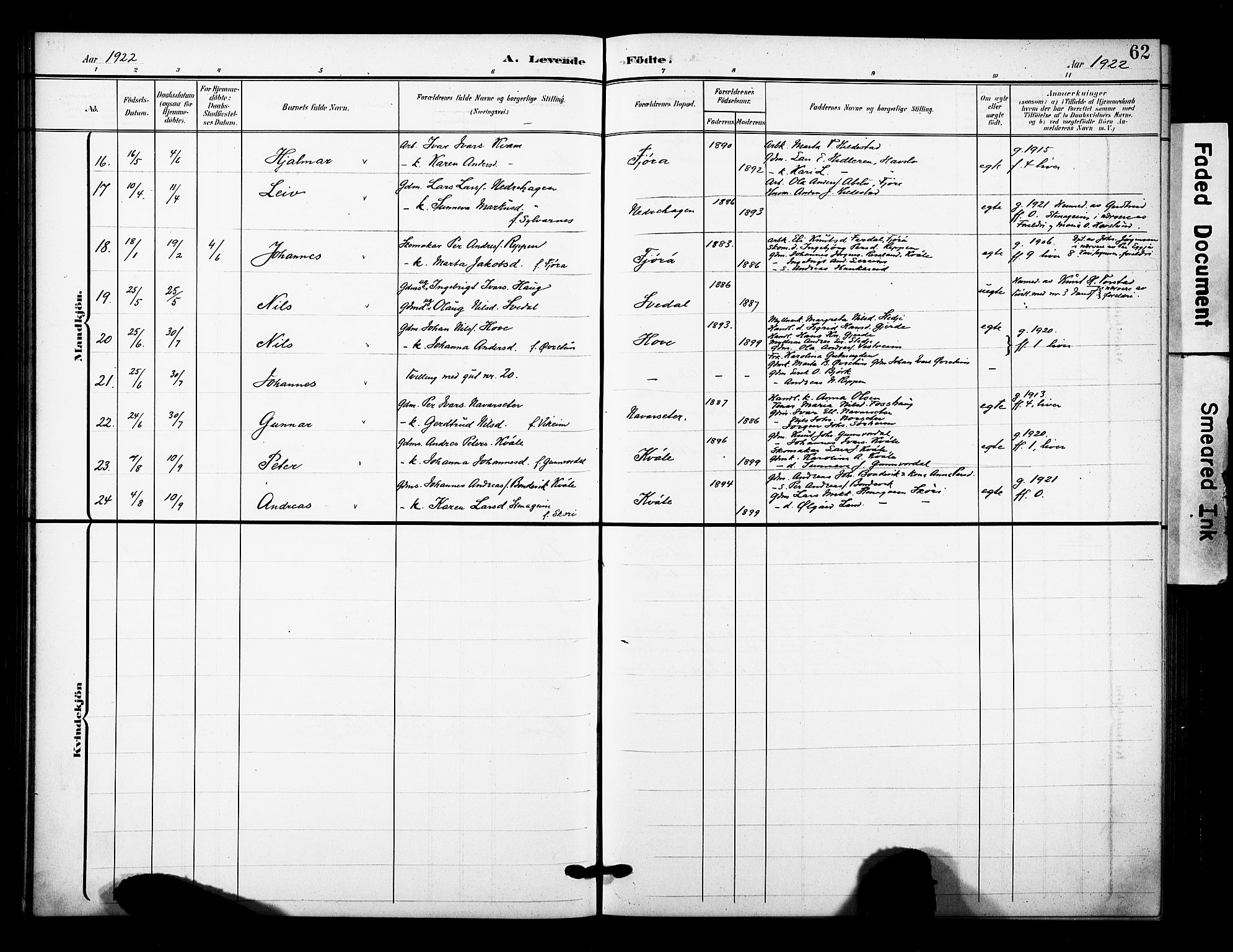 Sogndal sokneprestembete, AV/SAB-A-81301/H/Hab/Haba/L0002: Parish register (copy) no. A 2, 1908-1924, p. 62