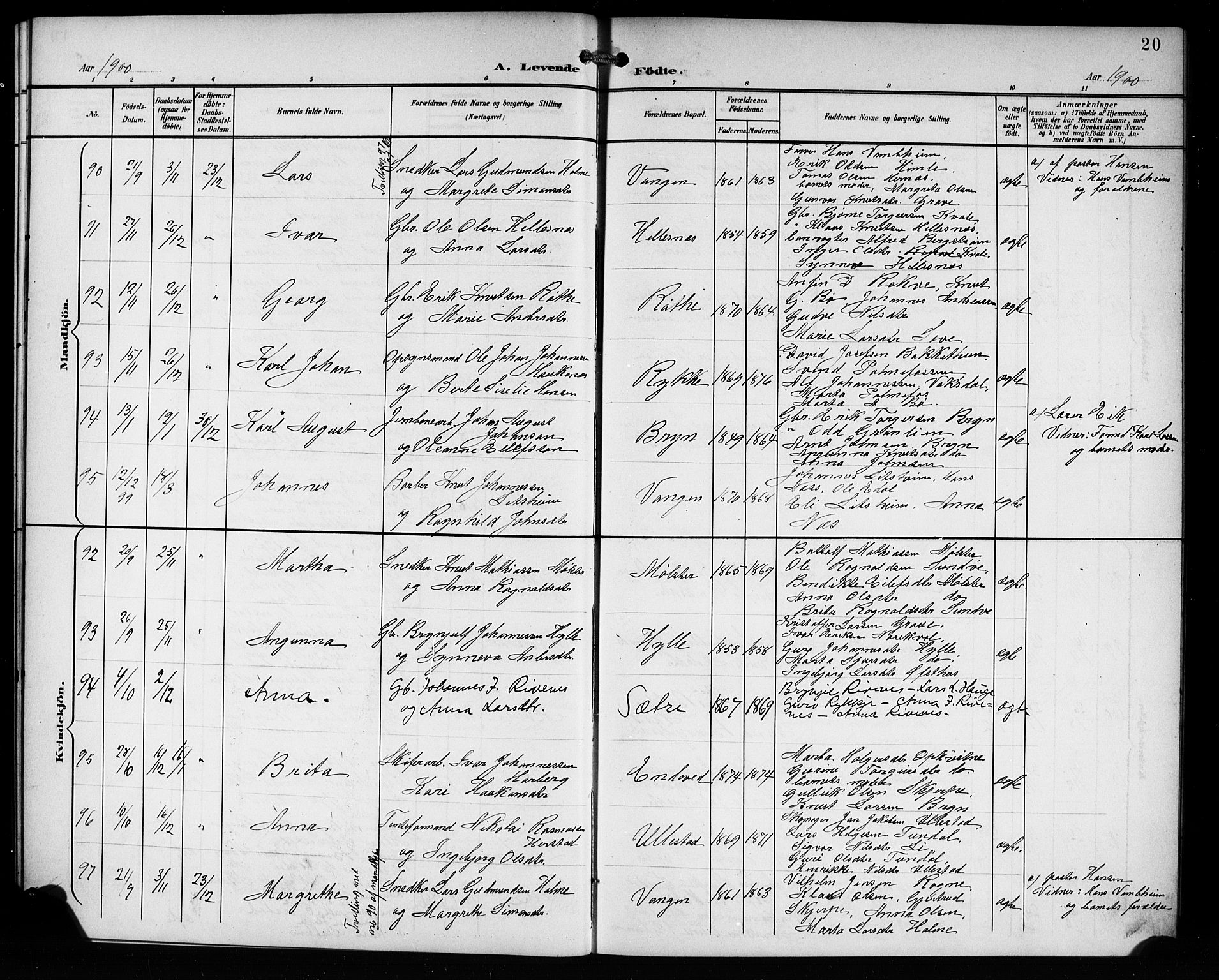 Voss sokneprestembete, AV/SAB-A-79001/H/Hab: Parish register (copy) no. C 2, 1900-1909, p. 20