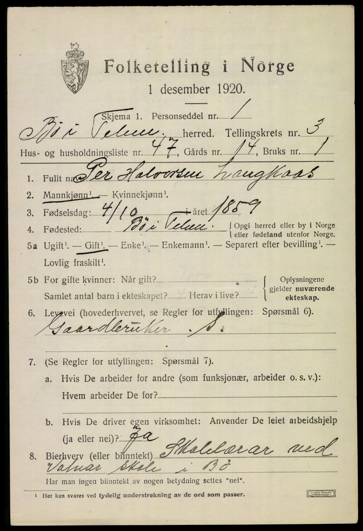 SAKO, 1920 census for Bø (Telemark), 1920, p. 3192