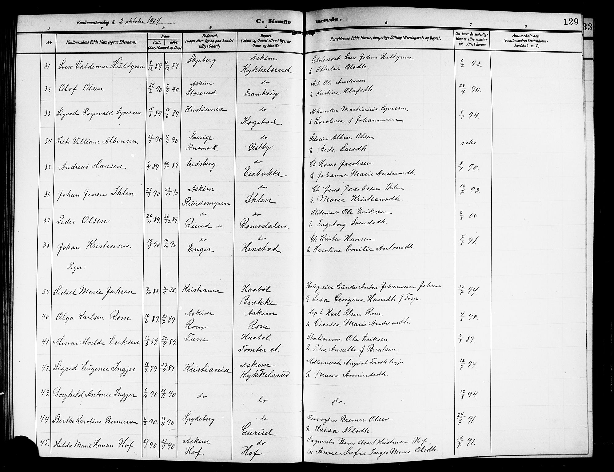 Askim prestekontor Kirkebøker, AV/SAO-A-10900/G/Ga/L0002: Parish register (copy) no. 2, 1903-1921, p. 129