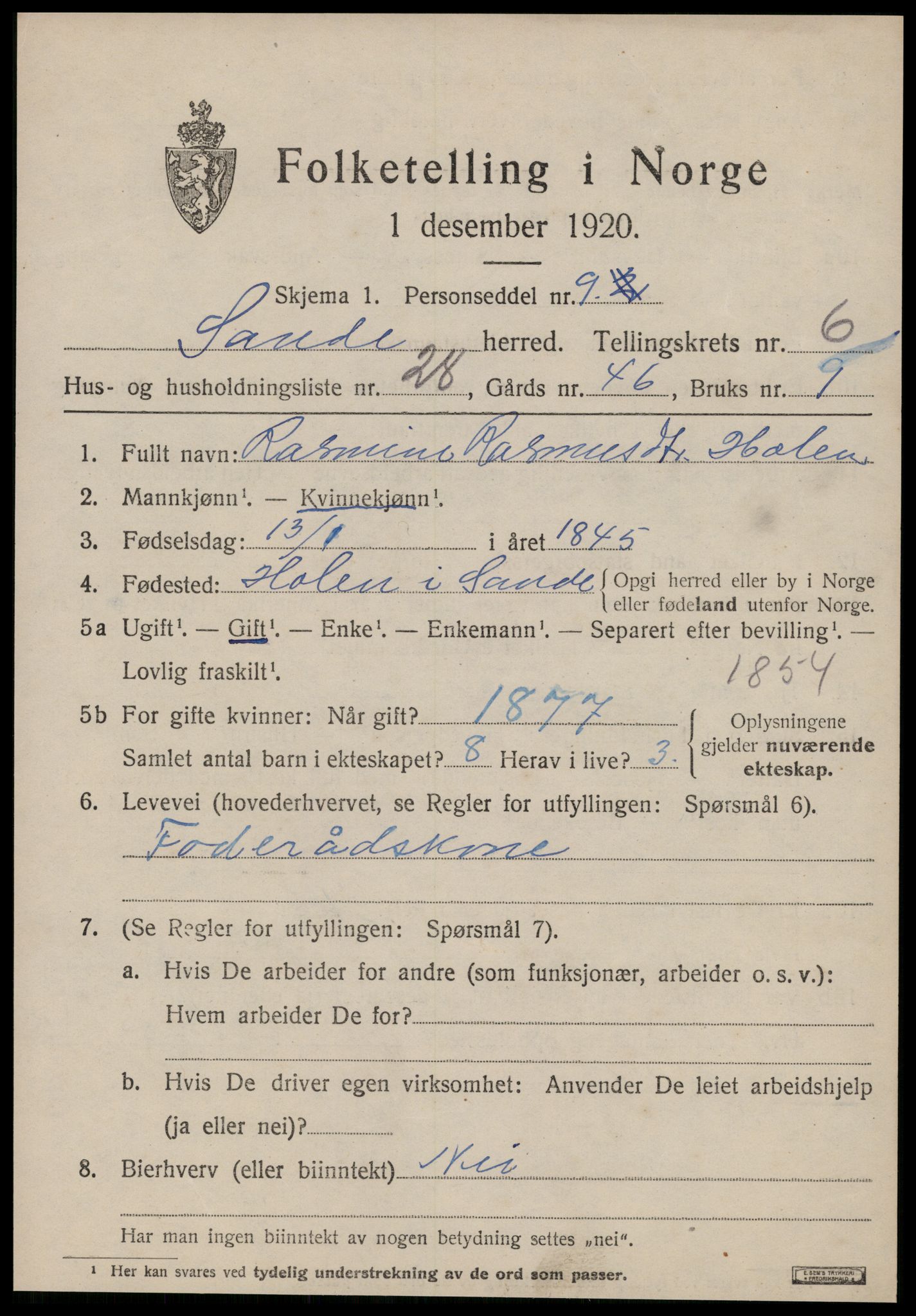 SAT, 1920 census for Sande (MR), 1920, p. 3910