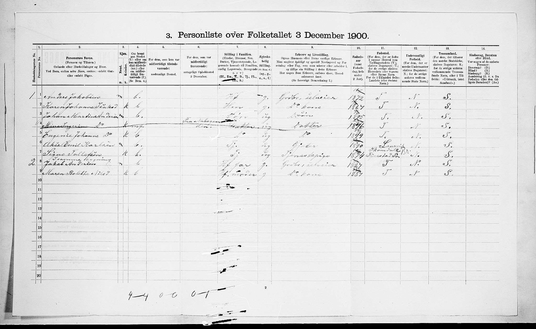 RA, 1900 census for Brunlanes, 1900, p. 1003