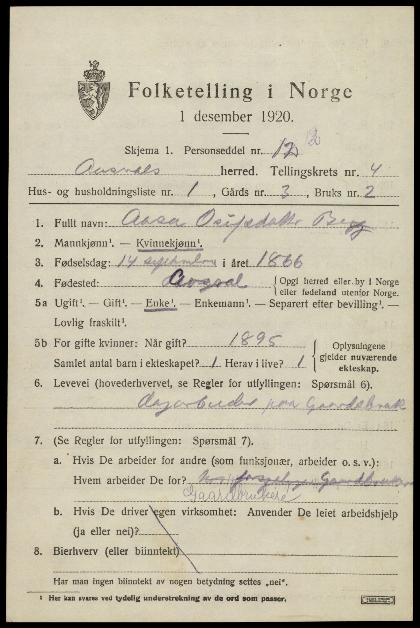 SAK, 1920 census for Åseral, 1920, p. 1208