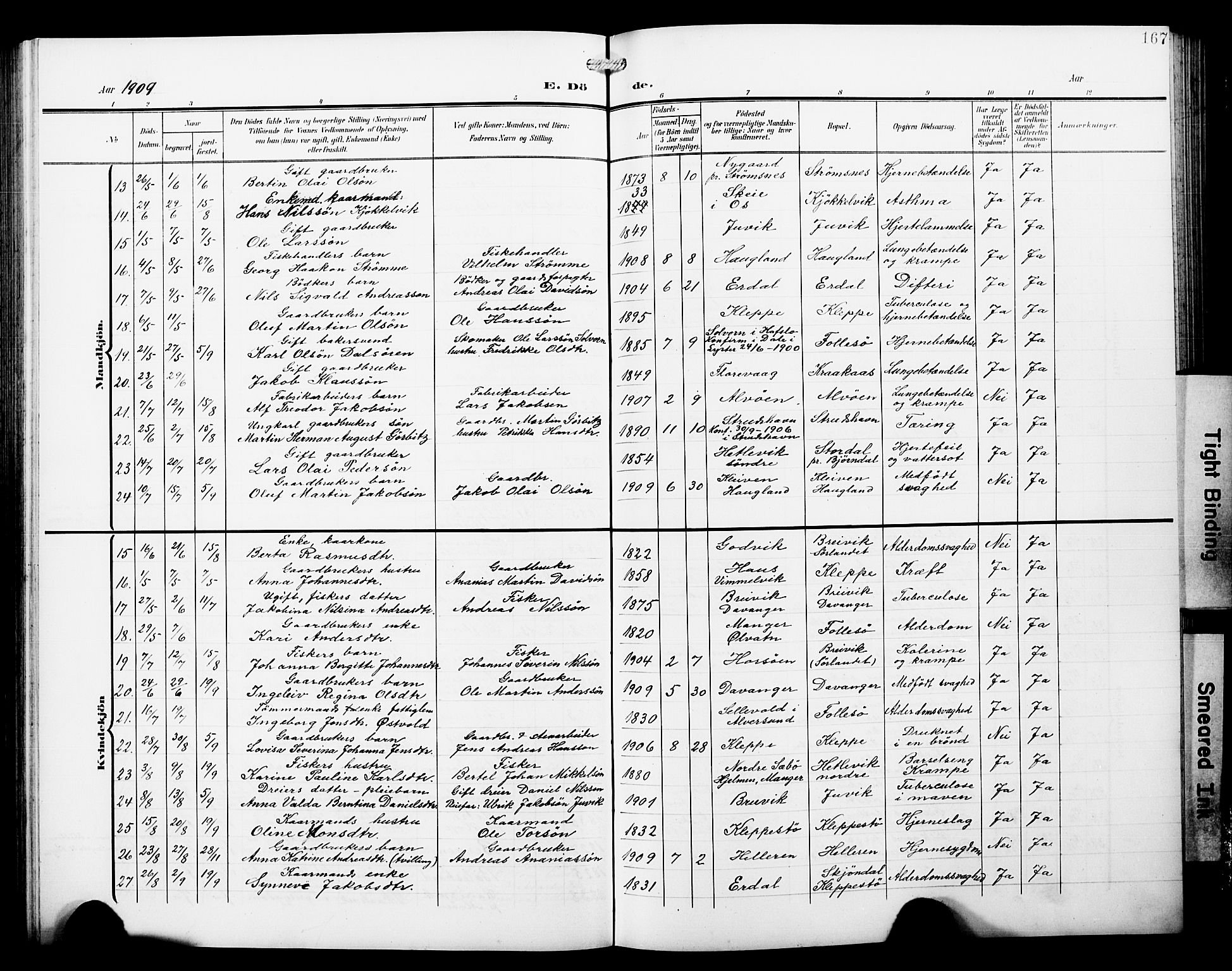 Askøy Sokneprestembete, AV/SAB-A-74101/H/Ha/Hab/Haba/L0014: Parish register (copy) no. A 14, 1904-1927, p. 167