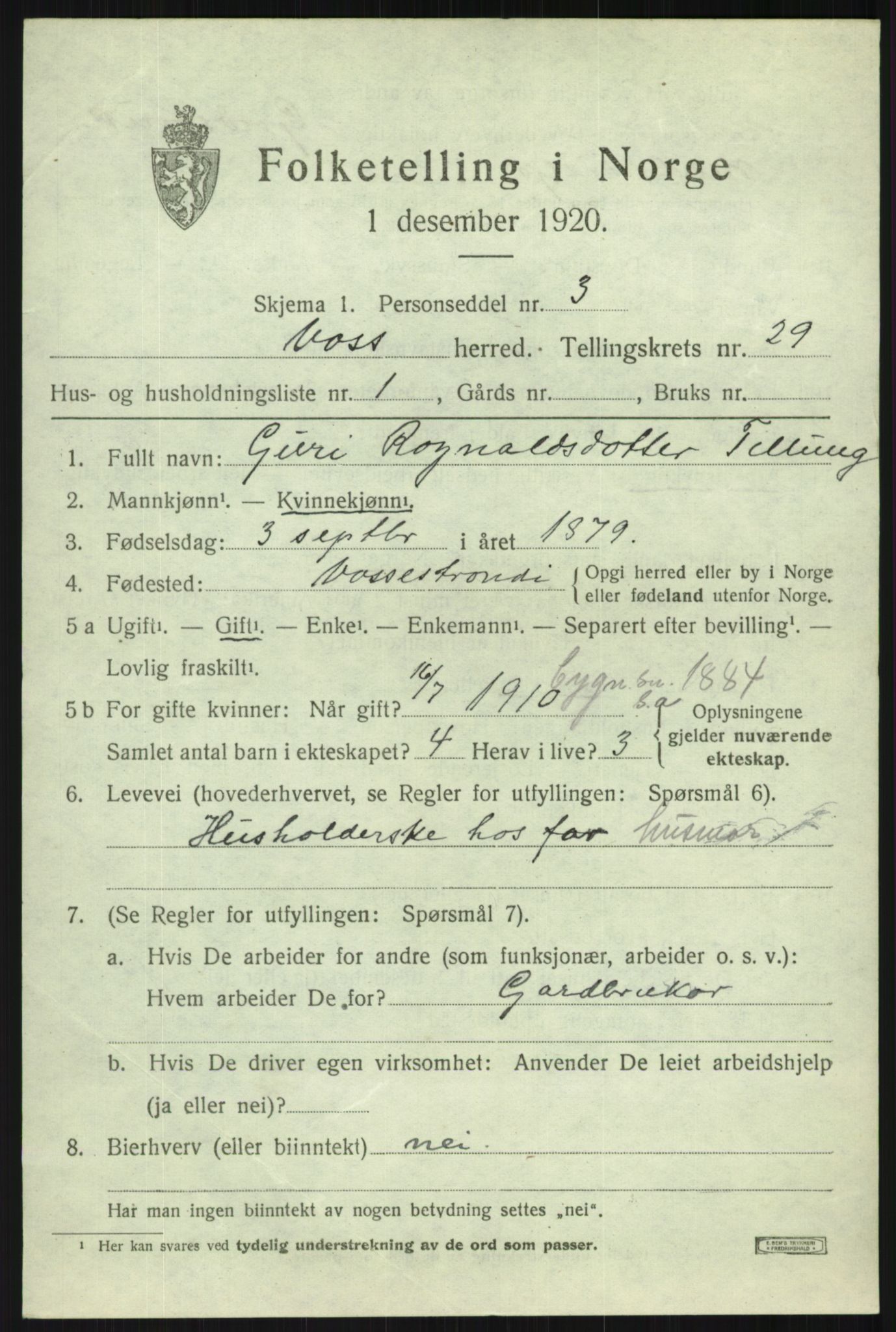 SAB, 1920 census for Voss, 1920, p. 19263