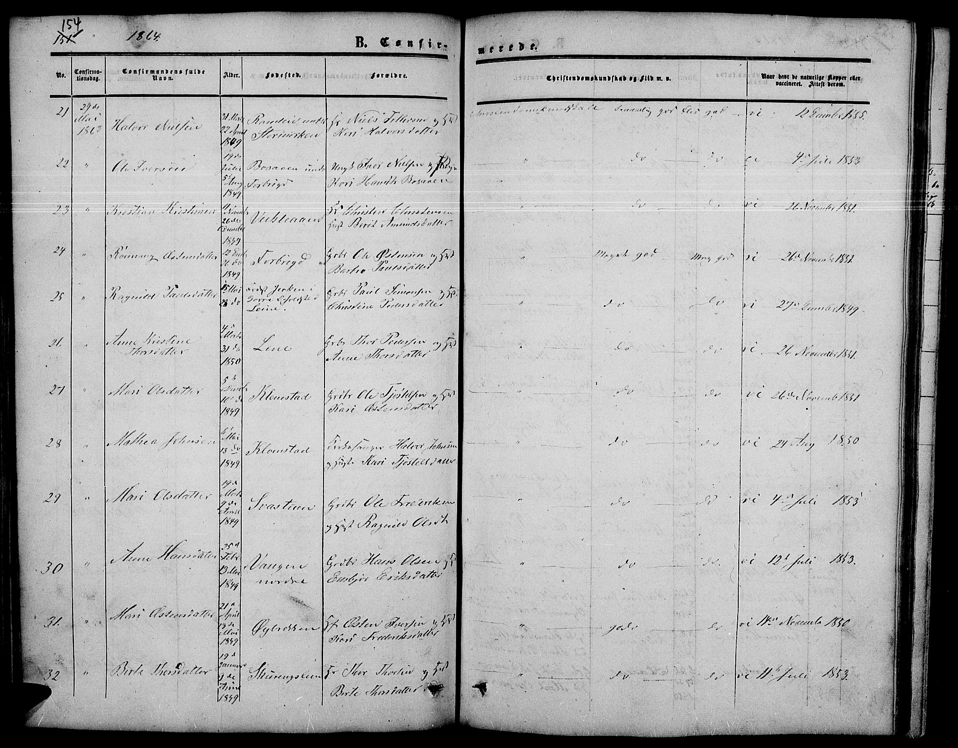 Nord-Fron prestekontor, SAH/PREST-080/H/Ha/Hab/L0003: Parish register (copy) no. 3, 1851-1886, p. 154