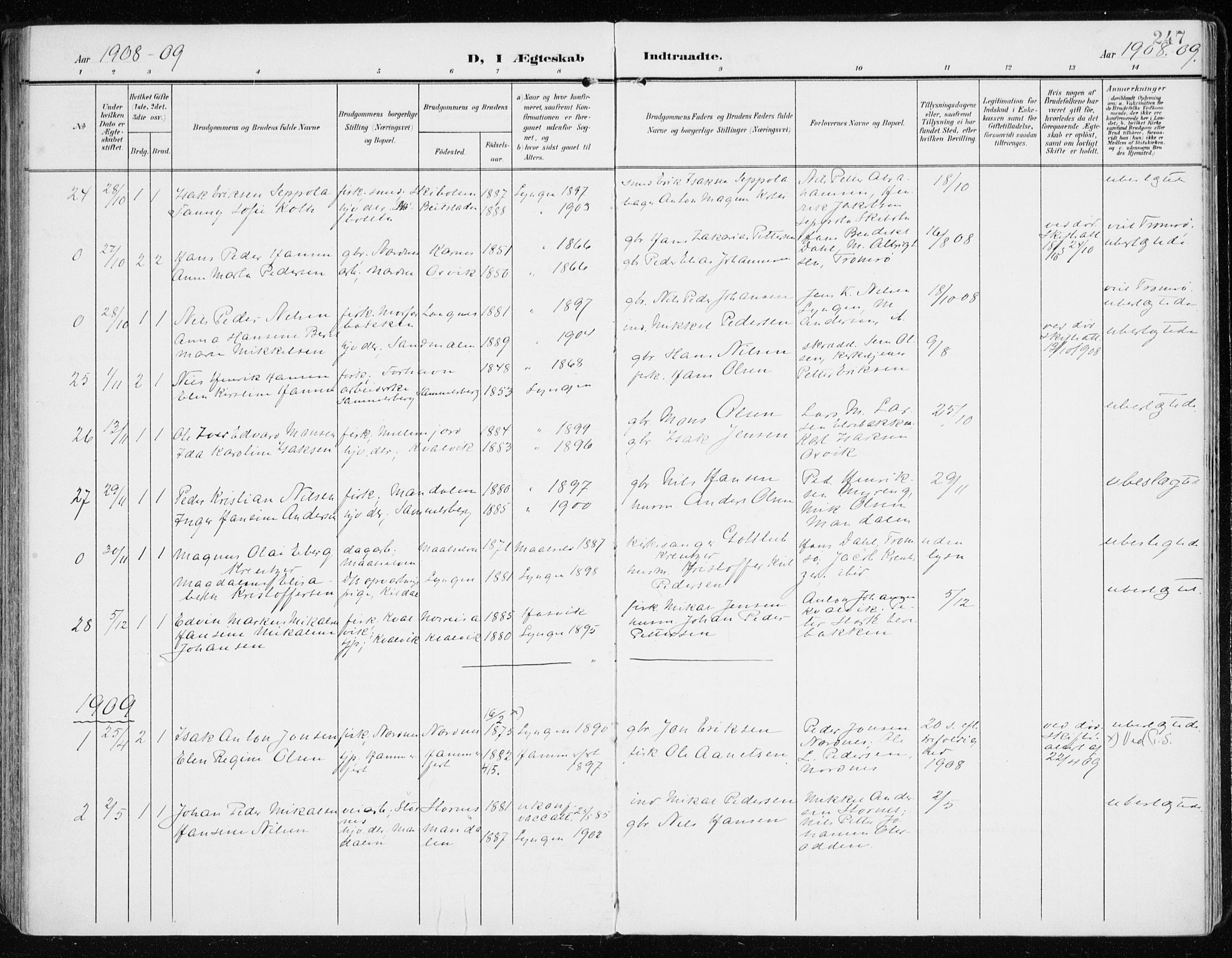 Lyngen sokneprestembete, SATØ/S-1289/H/He/Hea/L0011kirke: Parish register (official) no. 11, 1903-1913, p. 247