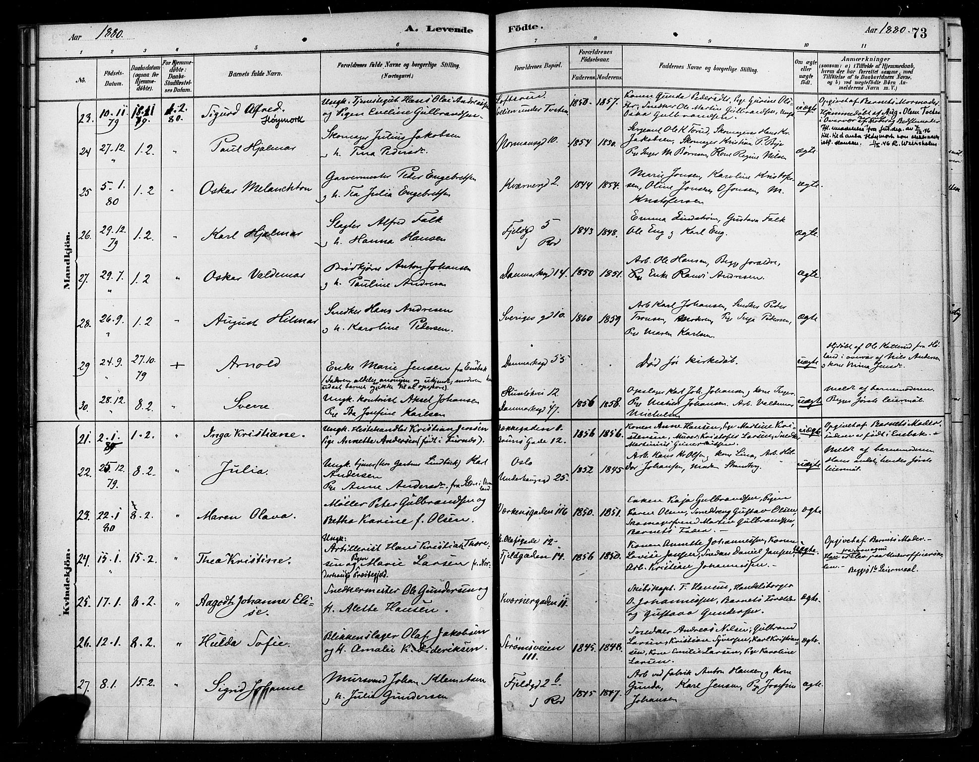 Østre Aker prestekontor Kirkebøker, AV/SAO-A-10840/F/Fa/L0006: Parish register (official) no. I 5, 1879-1882, p. 73