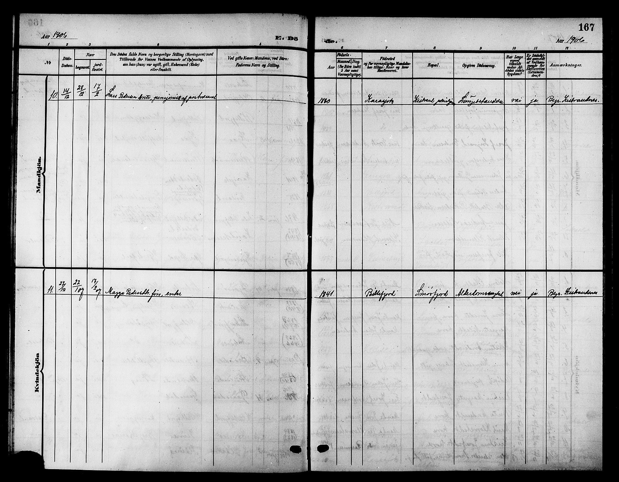 Kistrand/Porsanger sokneprestembete, AV/SATØ-S-1351/H/Hb/L0006.klokk: Parish register (copy) no. 6, 1905-1917, p. 167