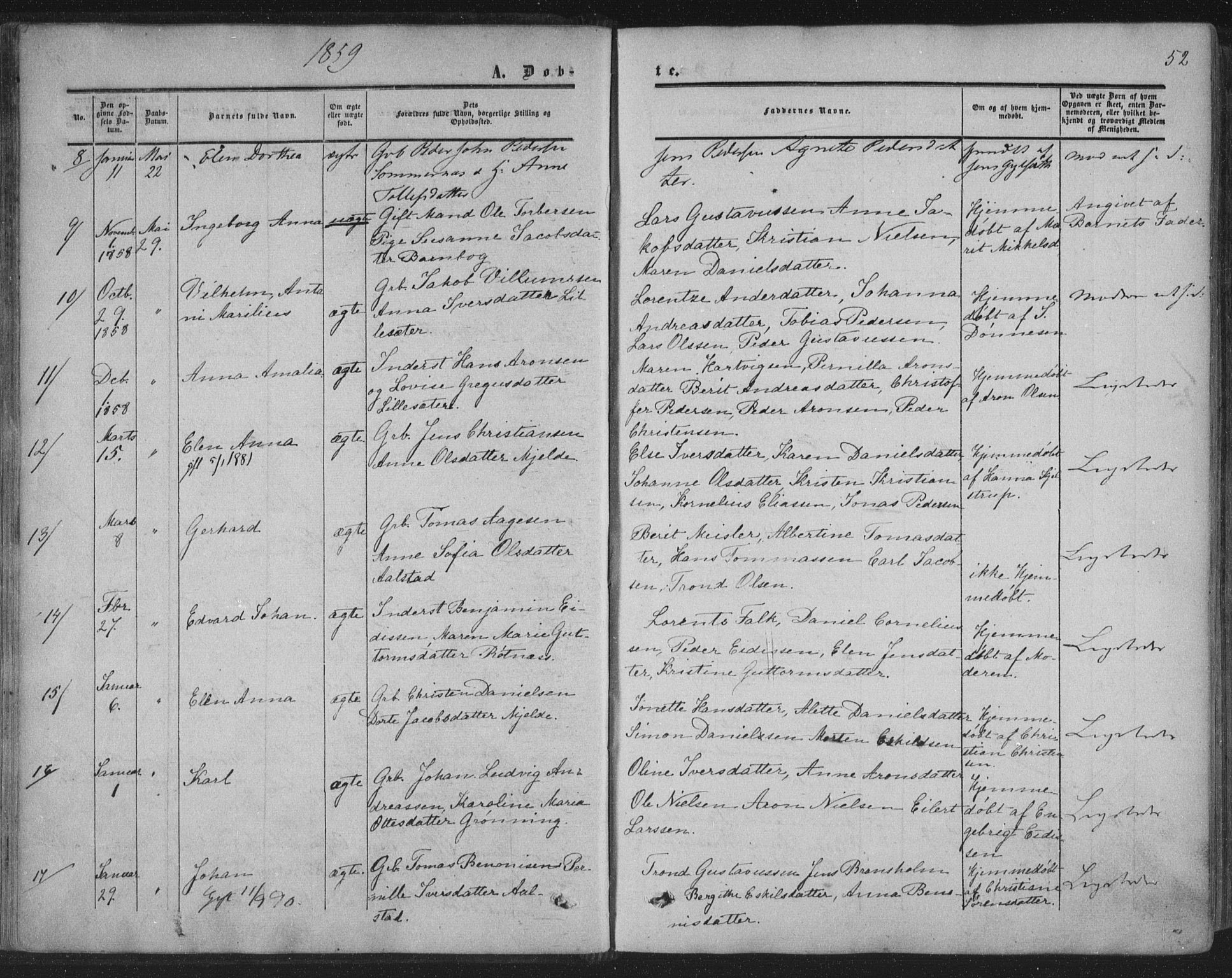 Ministerialprotokoller, klokkerbøker og fødselsregistre - Nordland, AV/SAT-A-1459/855/L0800: Parish register (official) no. 855A08, 1852-1864, p. 52