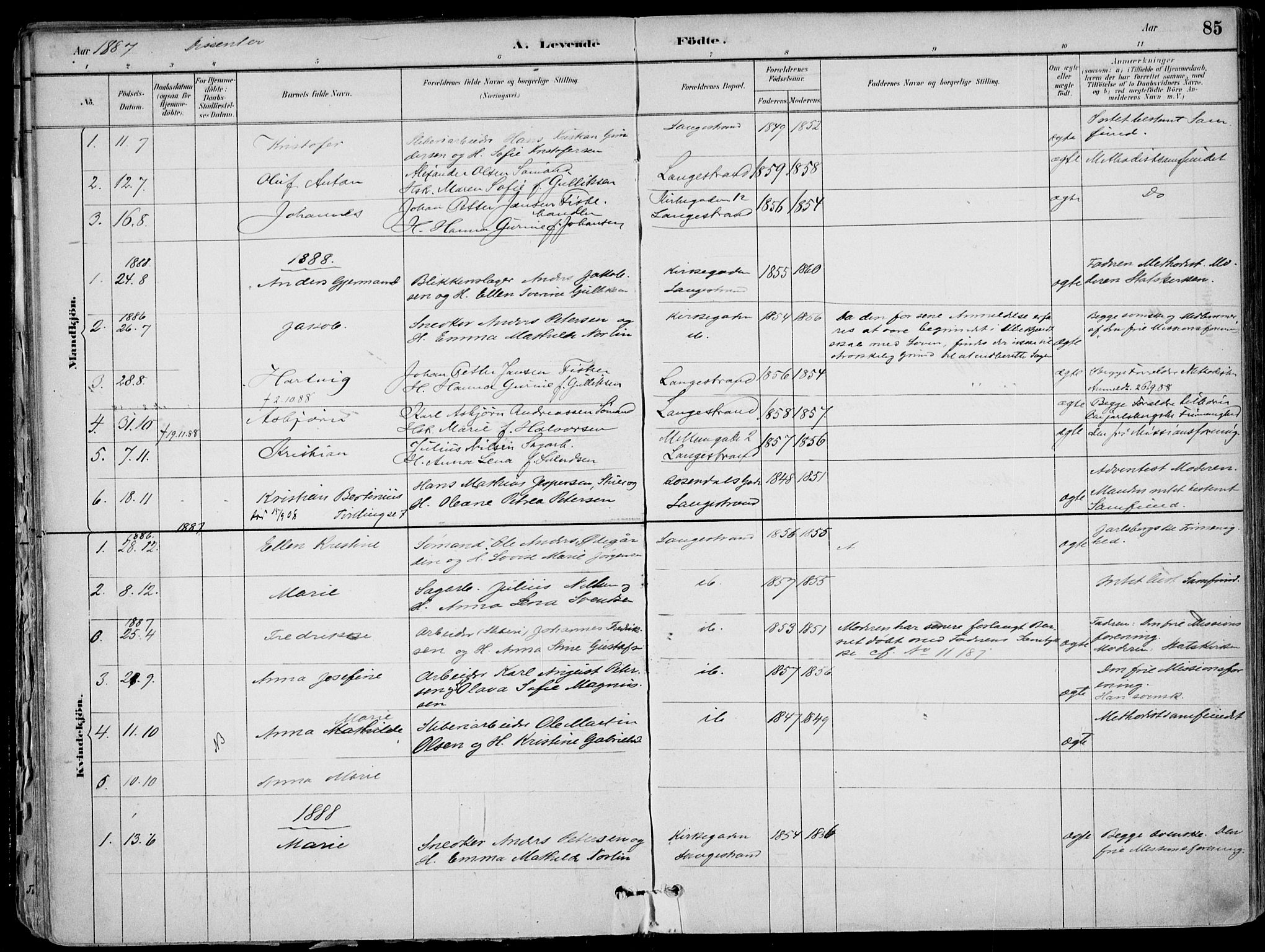 Larvik kirkebøker, AV/SAKO-A-352/F/Fb/L0004: Parish register (official) no. II 4, 1884-1902, p. 85