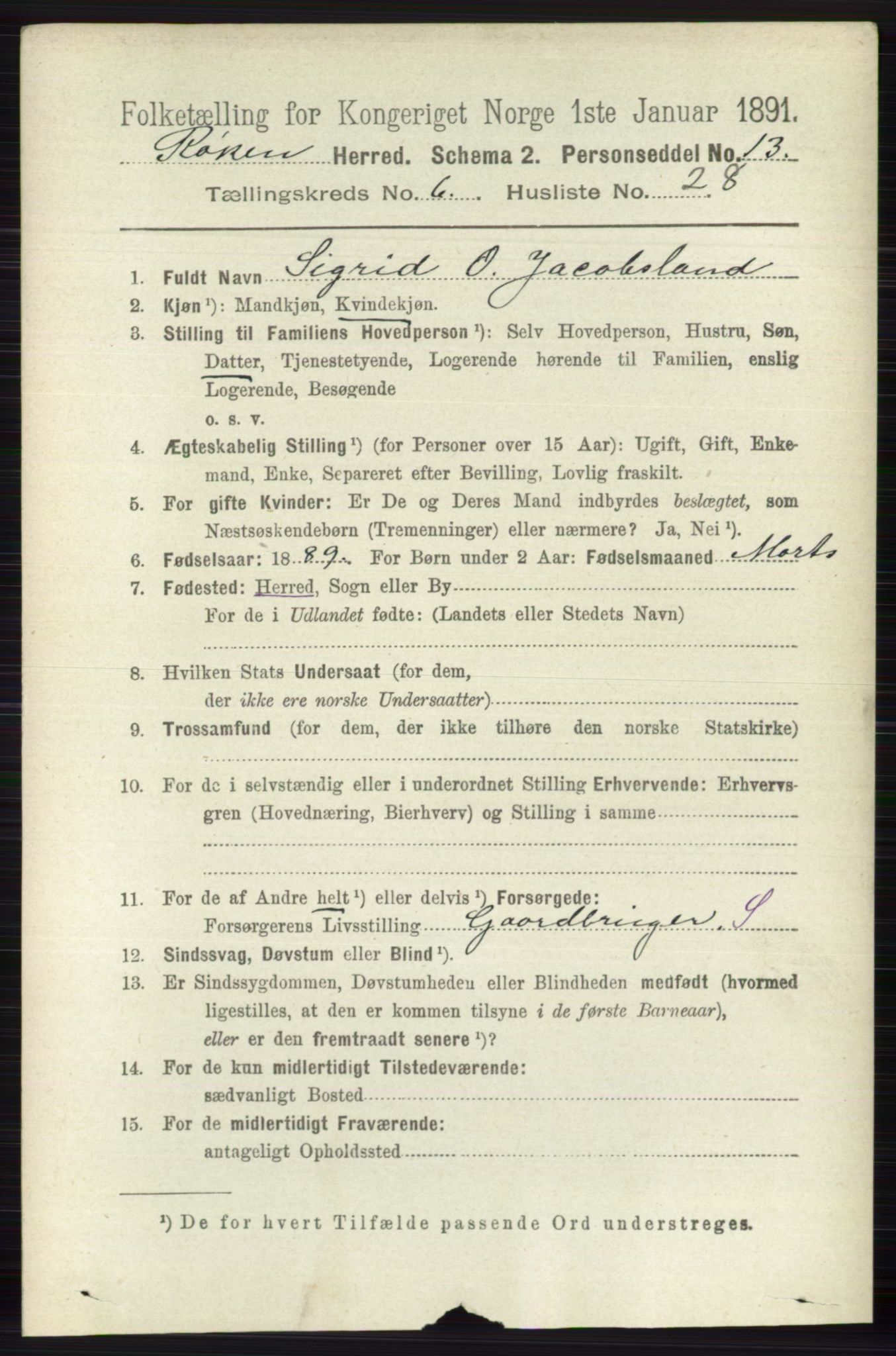 RA, 1891 census for 0627 Røyken, 1891, p. 3789