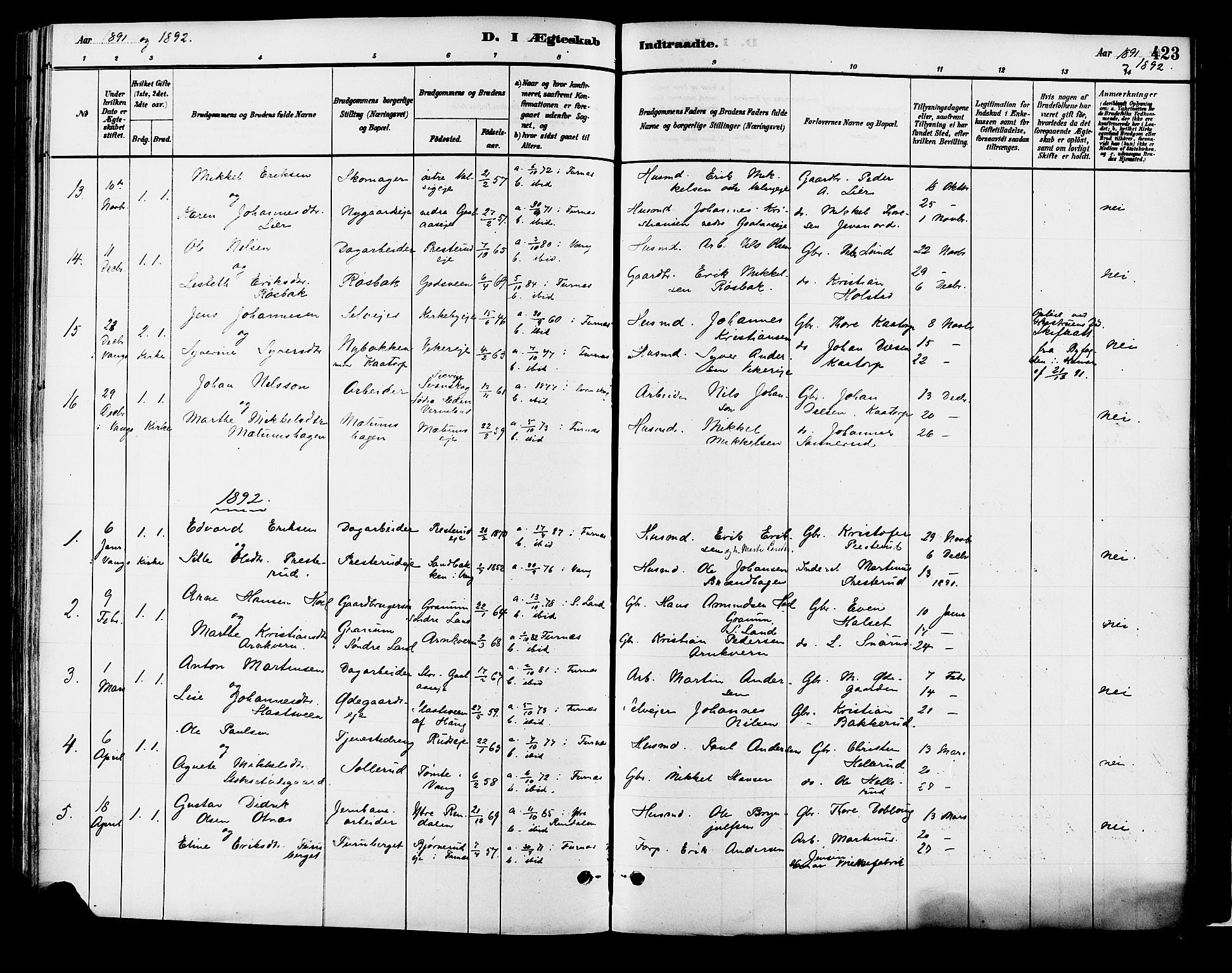 Vang prestekontor, Hedmark, SAH/PREST-008/H/Ha/Haa/L0018B: Parish register (official) no. 18B, 1880-1906, p. 423