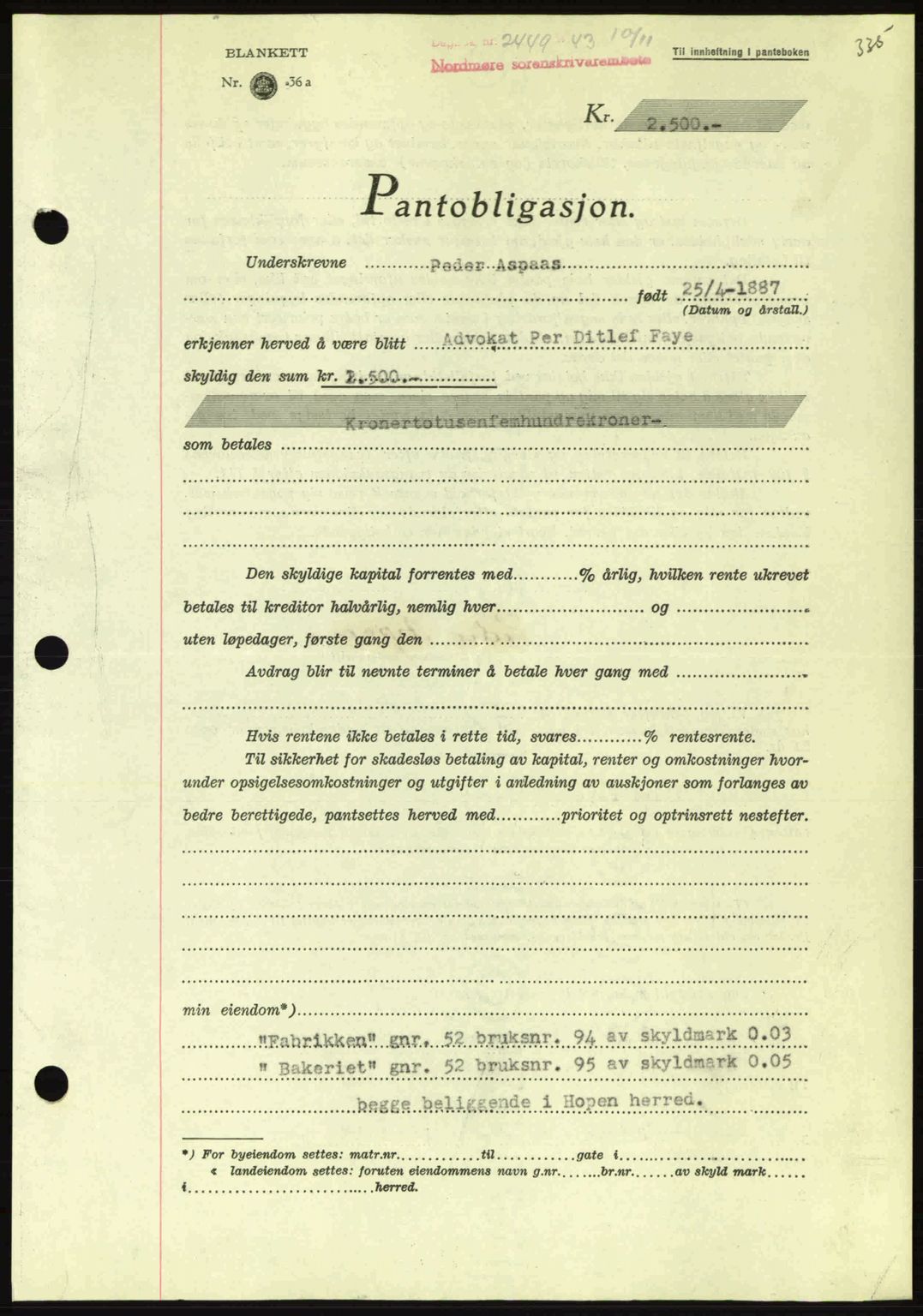 Nordmøre sorenskriveri, AV/SAT-A-4132/1/2/2Ca: Mortgage book no. B91, 1943-1944, Diary no: : 2449/1943