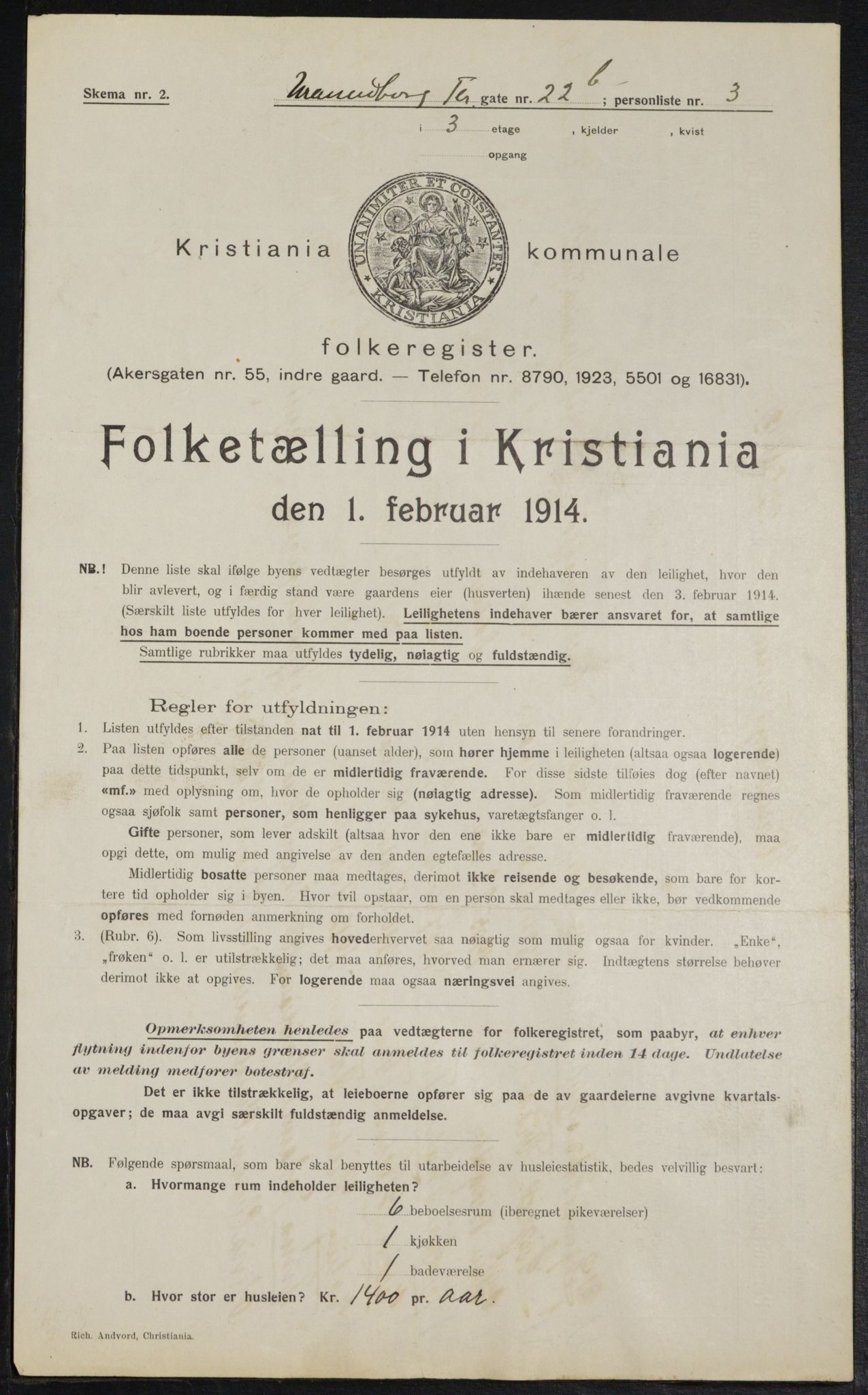 OBA, Municipal Census 1914 for Kristiania, 1914, p. 121364
